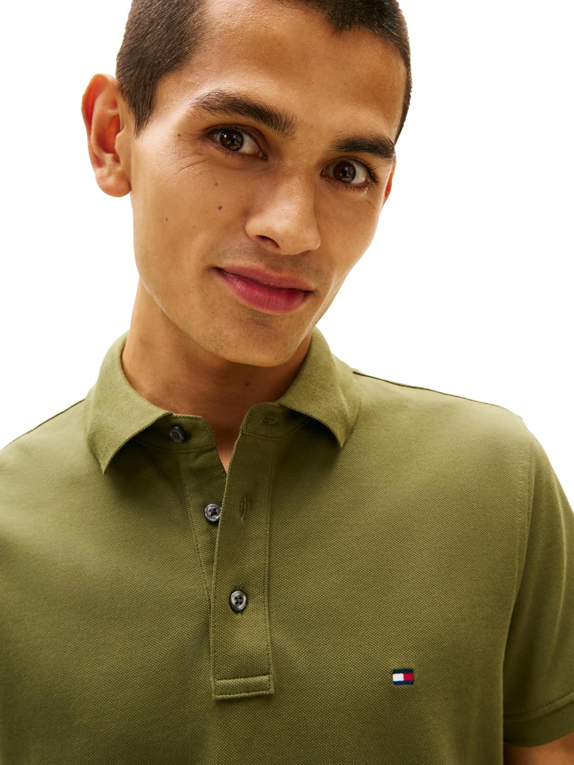 imageTommy Hilfiger Mens Short Sleeve Polo Shirts in Slim Fit with Stretch and Organic Pique CottonDark Artichoke