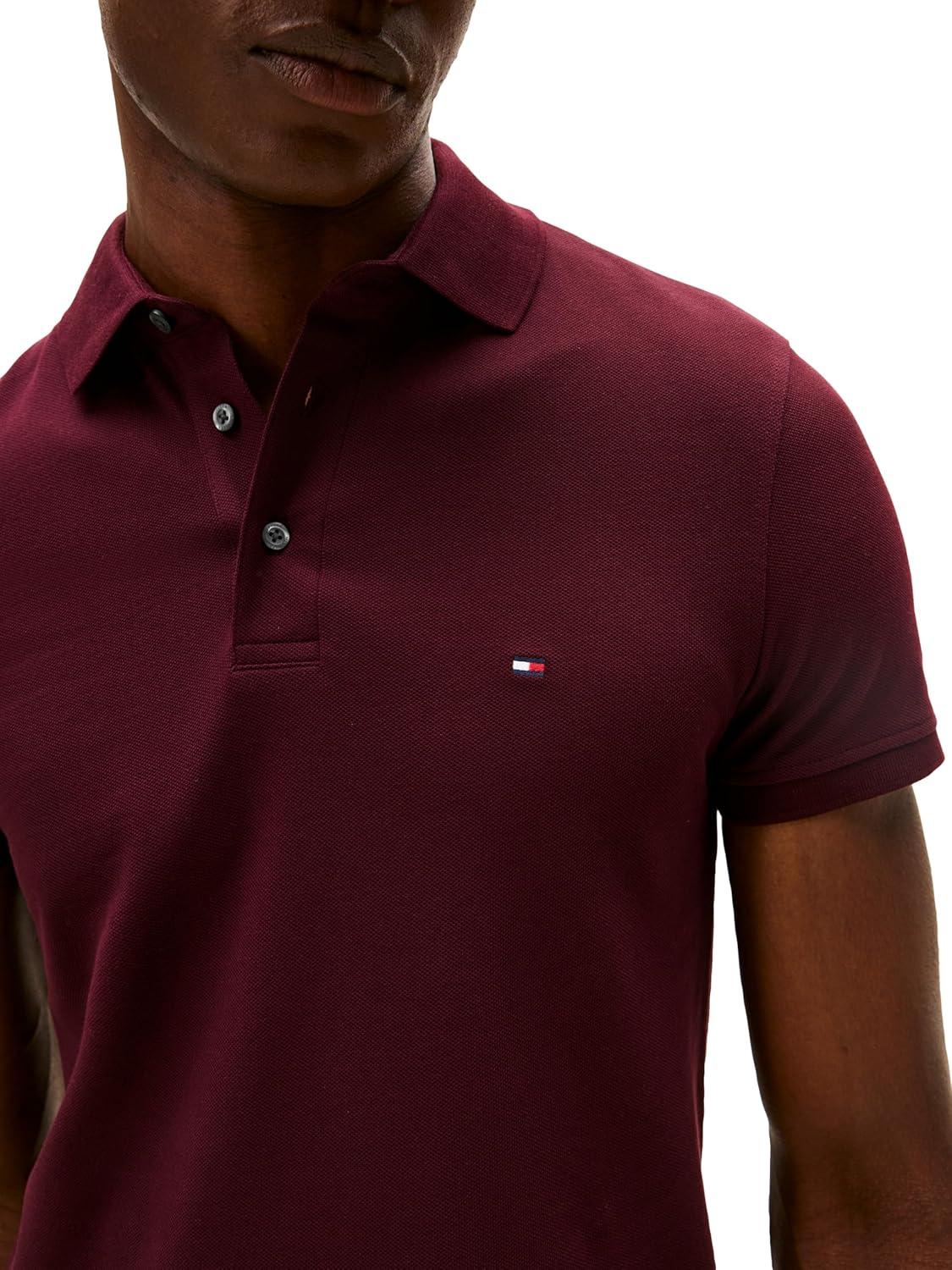 imageTommy Hilfiger Mens Short Sleeve Polo Shirts in Slim Fit with Stretch and Organic Pique CottonDeep Burgundy