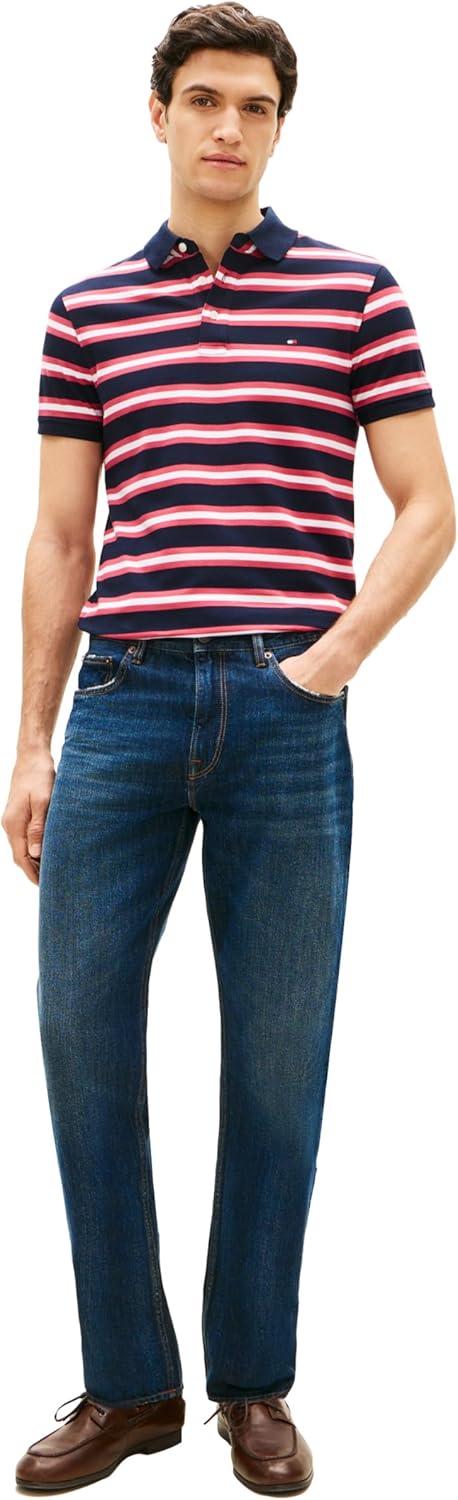 imageTommy Hilfiger Mens Short Sleeve Polo Shirts in Slim Fit with Stretch and Organic Pique CottonDesert Sky Heritage Pink Multi