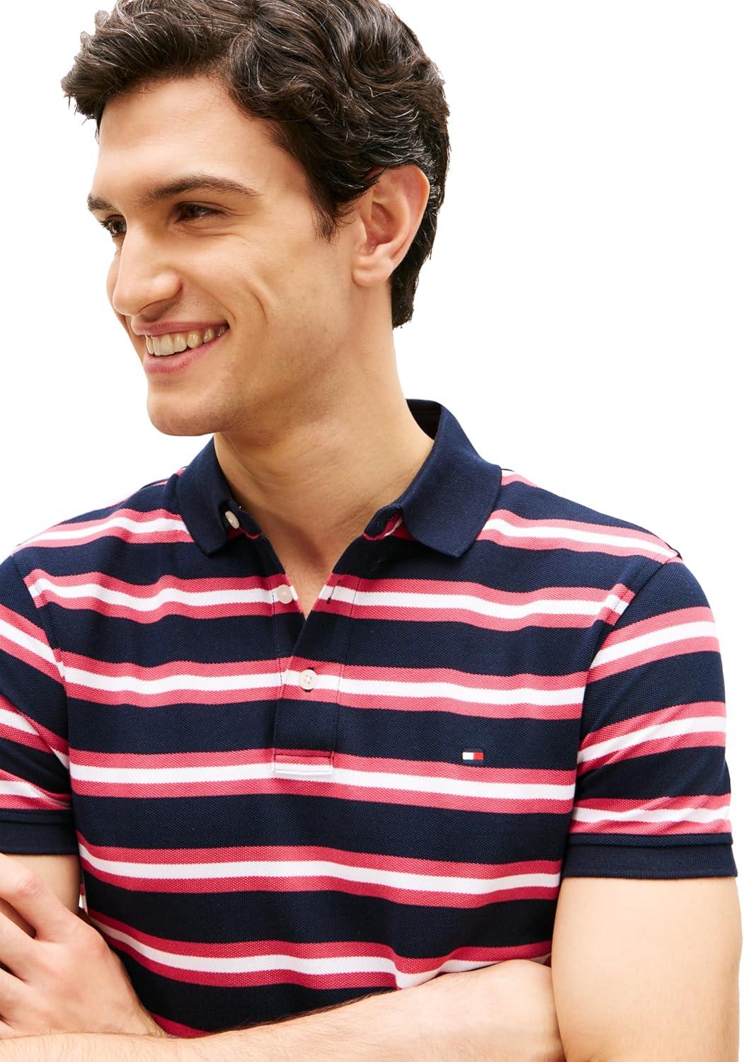 imageTommy Hilfiger Mens Short Sleeve Polo Shirts in Slim Fit with Stretch and Organic Pique CottonDesert Sky Heritage Pink Multi