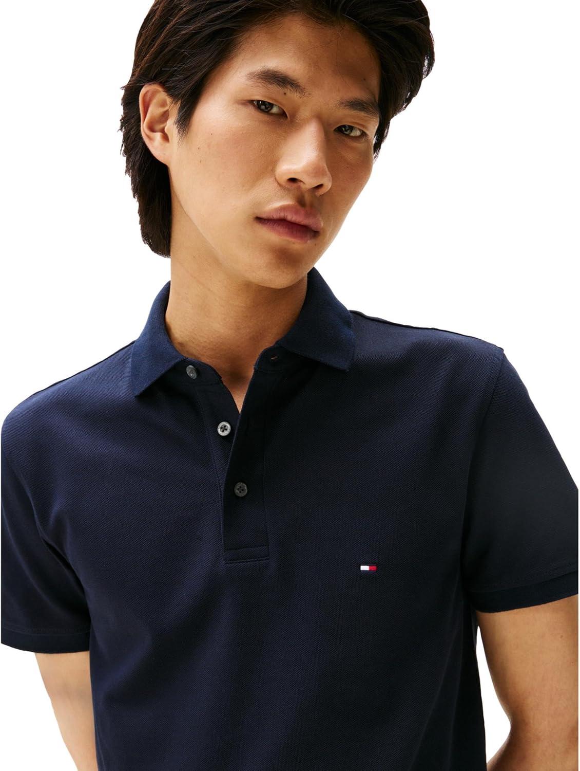 imageTommy Hilfiger Mens Short Sleeve Polo Shirts in Slim Fit with Stretch and Organic Pique CottonDesert Sky
