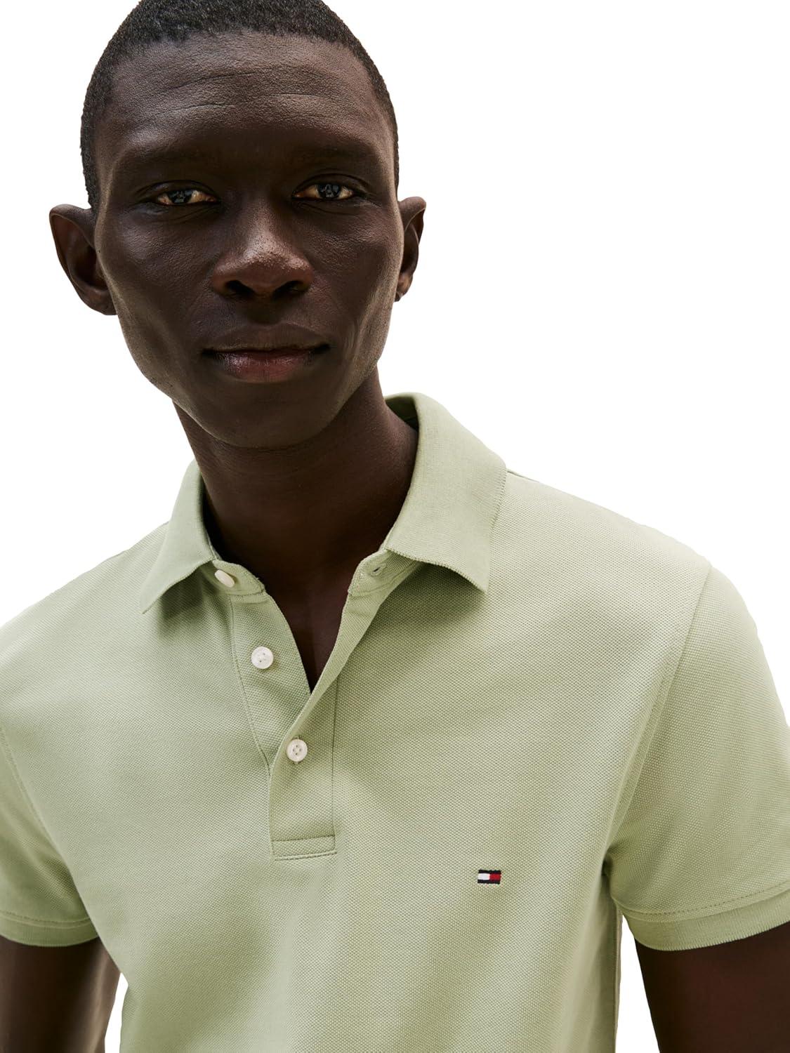 imageTommy Hilfiger Mens Short Sleeve Polo Shirts in Slim Fit with Stretch and Organic Pique CottonEarth Sage