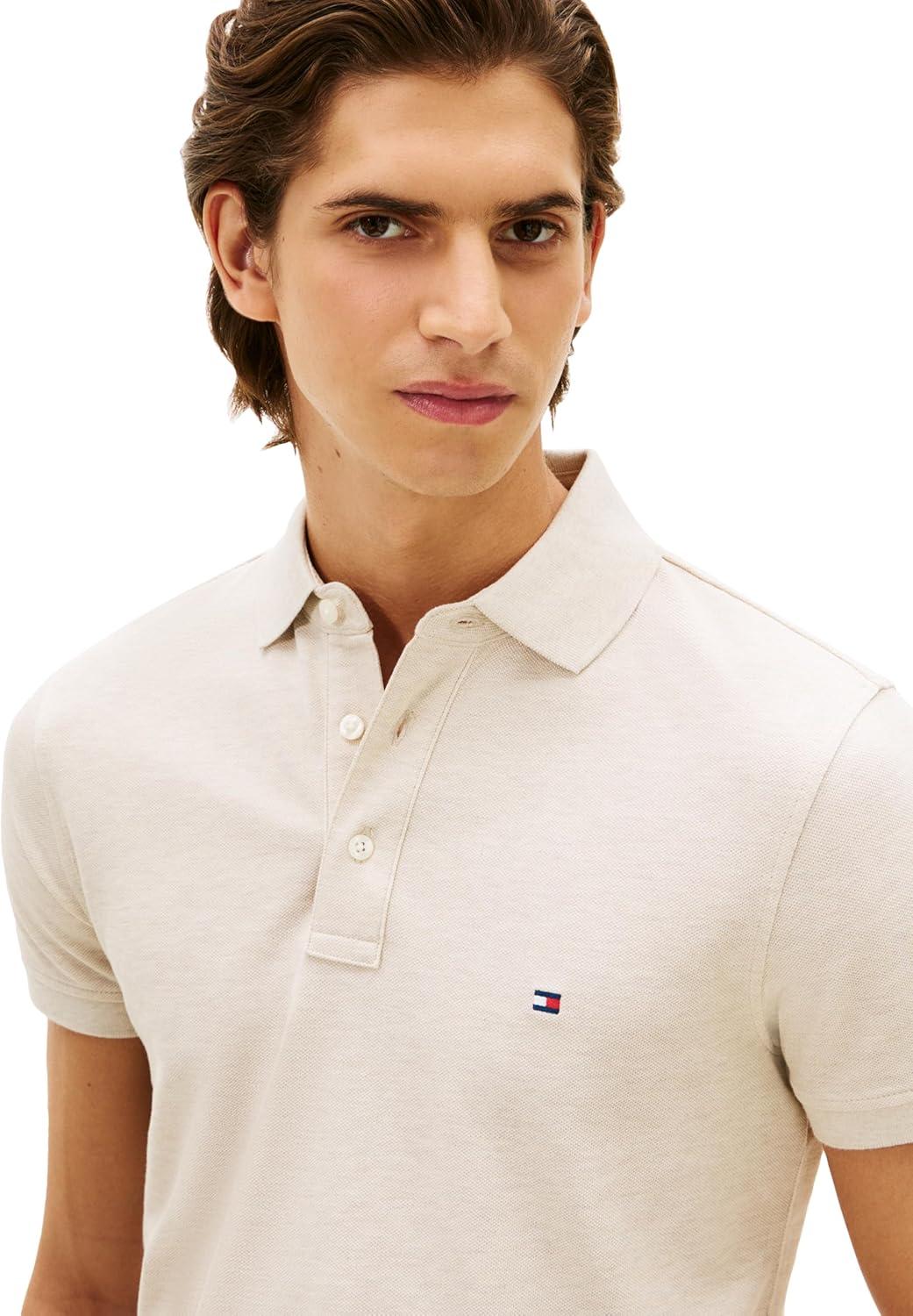 imageTommy Hilfiger Mens Short Sleeve Polo Shirts in Slim Fit with Stretch and Organic Pique CottonHeathered Oatmilk
