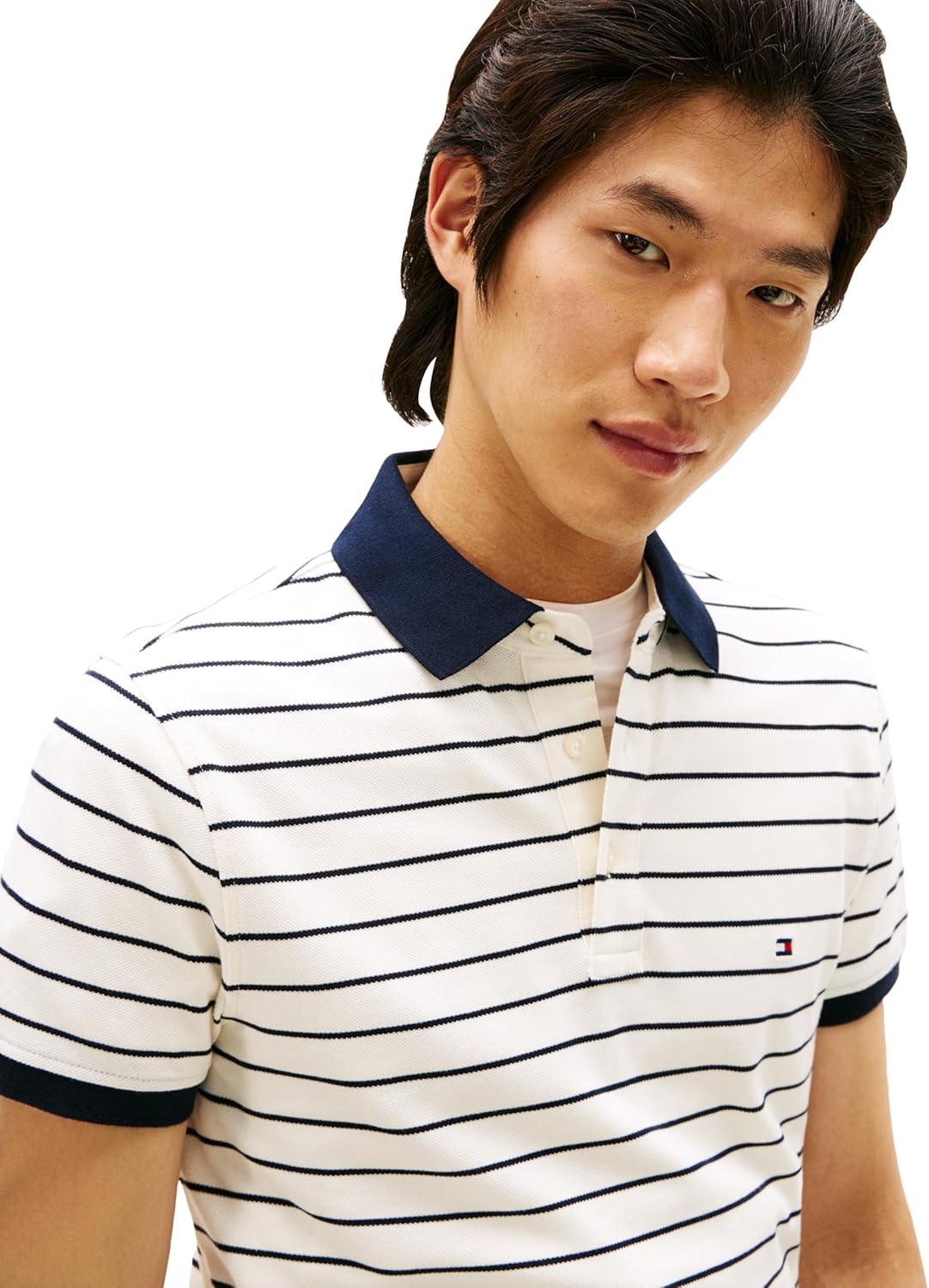 imageTommy Hilfiger Mens Short Sleeve Polo Shirts in Slim Fit with Stretch and Organic Pique CottonIvory Petal Desert Sky