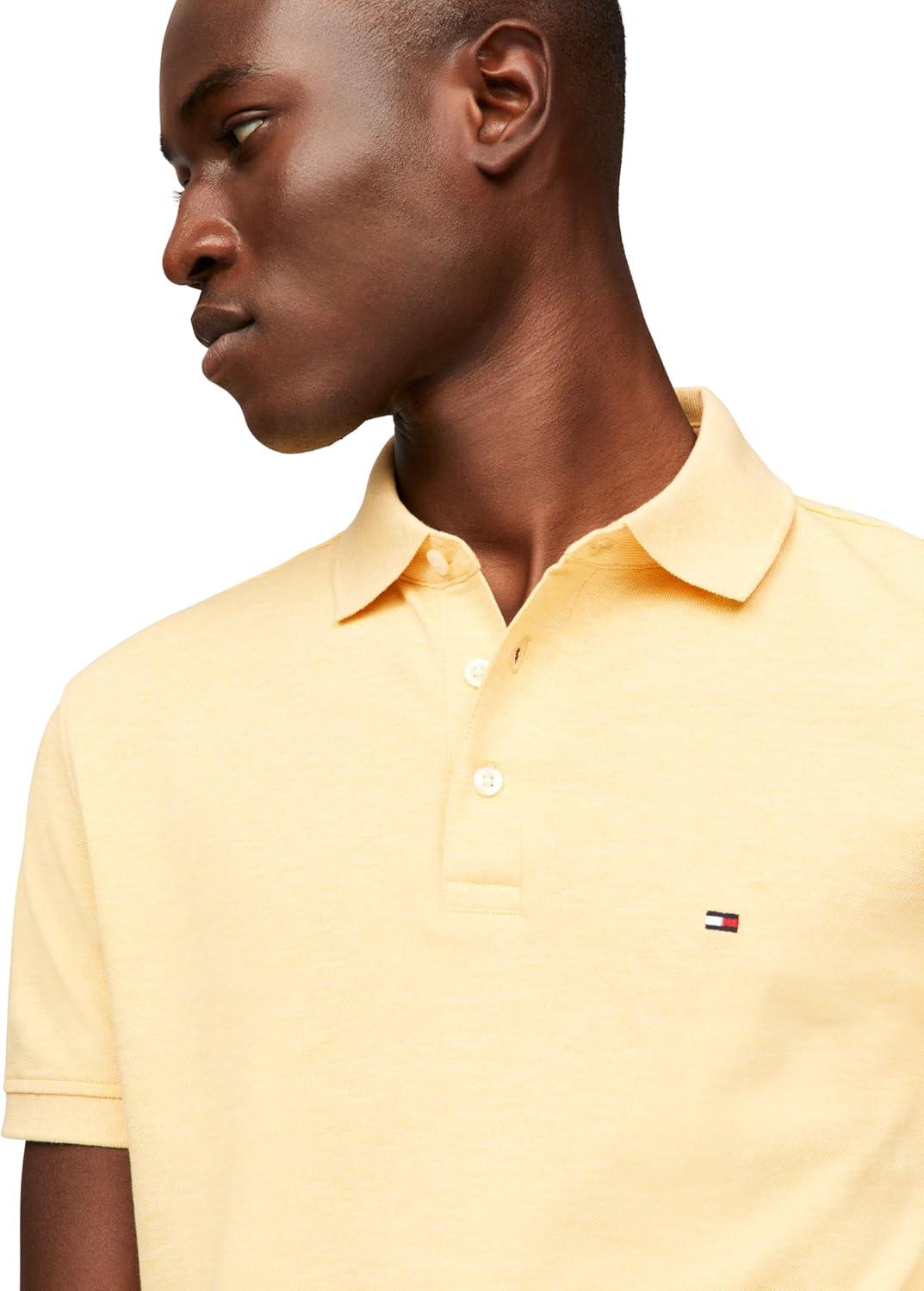 imageTommy Hilfiger Mens Short Sleeve Polo Shirts in Slim Fit with Stretch and Organic Pique CottonLight Yellow Heather