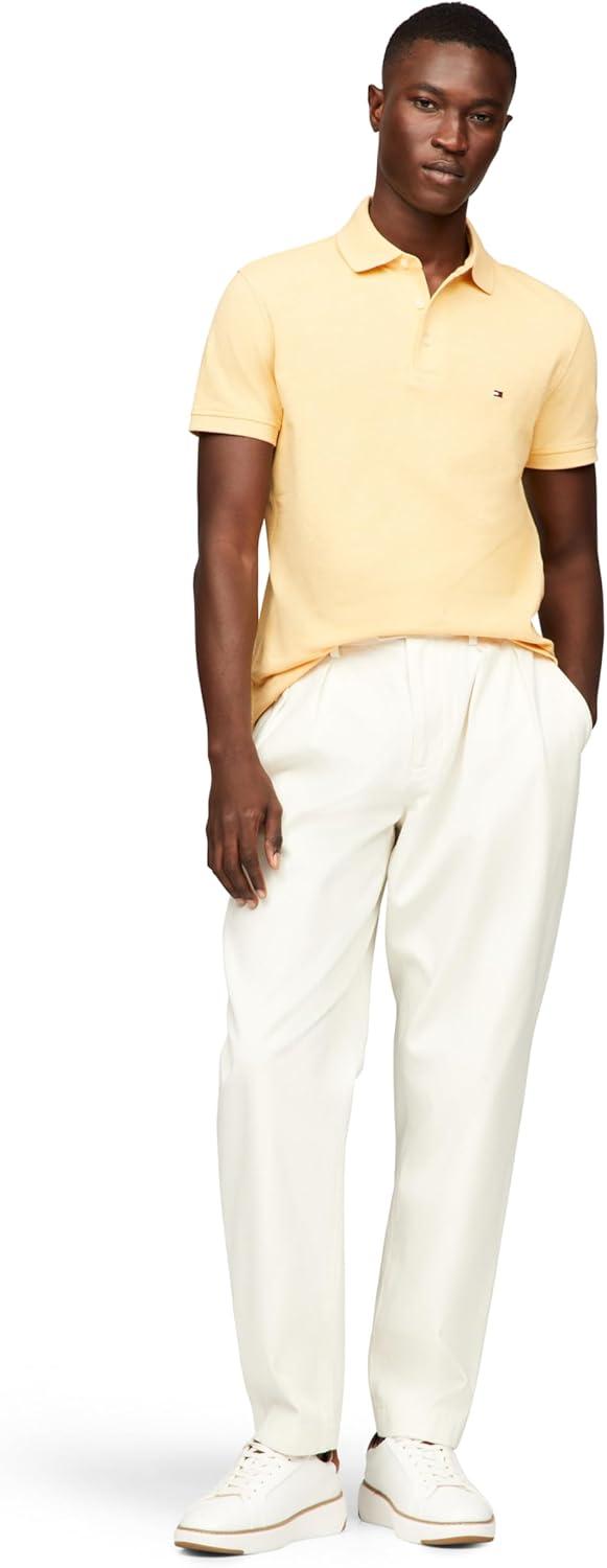imageTommy Hilfiger Mens Short Sleeve Polo Shirts in Slim Fit with Stretch and Organic Pique CottonLight Yellow Heather