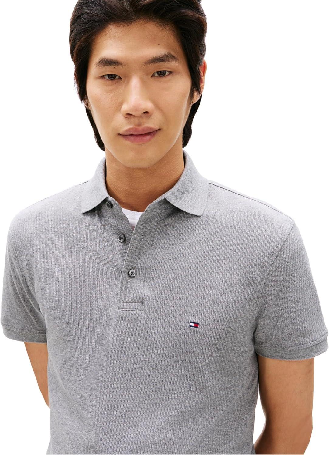 imageTommy Hilfiger Mens Short Sleeve Polo Shirts in Slim Fit with Stretch and Organic Pique CottonMedium Grey Heather