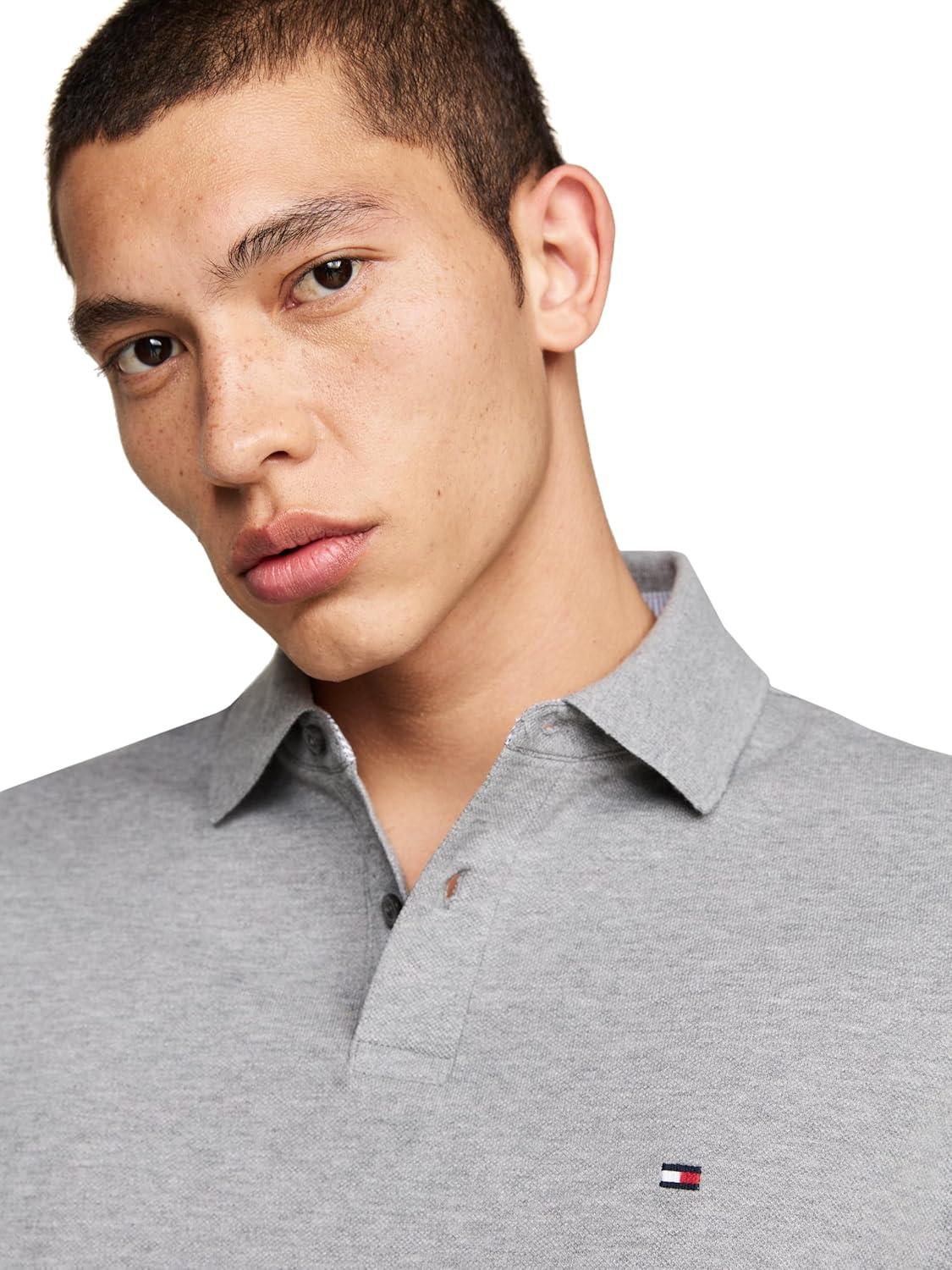 imageTommy Hilfiger Mens Short Sleeve Polo Shirts in Slim Fit with Stretch and Organic Pique CottonMedium Grey Heather