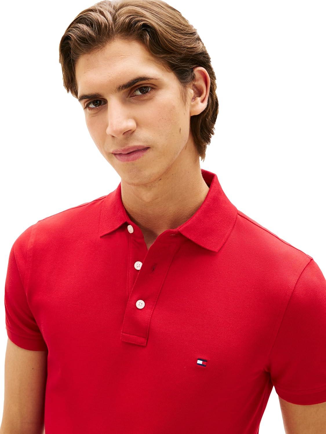 imageTommy Hilfiger Mens Short Sleeve Polo Shirts in Slim Fit with Stretch and Organic Pique CottonMedium Red