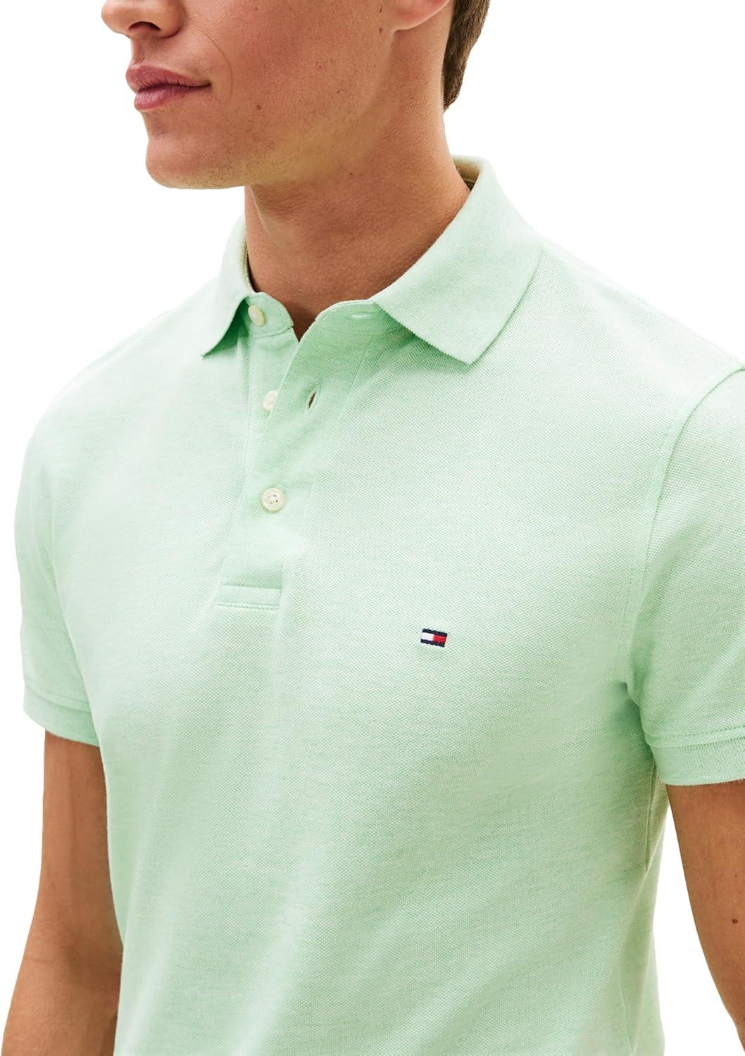 imageTommy Hilfiger Mens Short Sleeve Polo Shirts in Slim Fit with Stretch and Organic Pique CottonMint Gel Heather