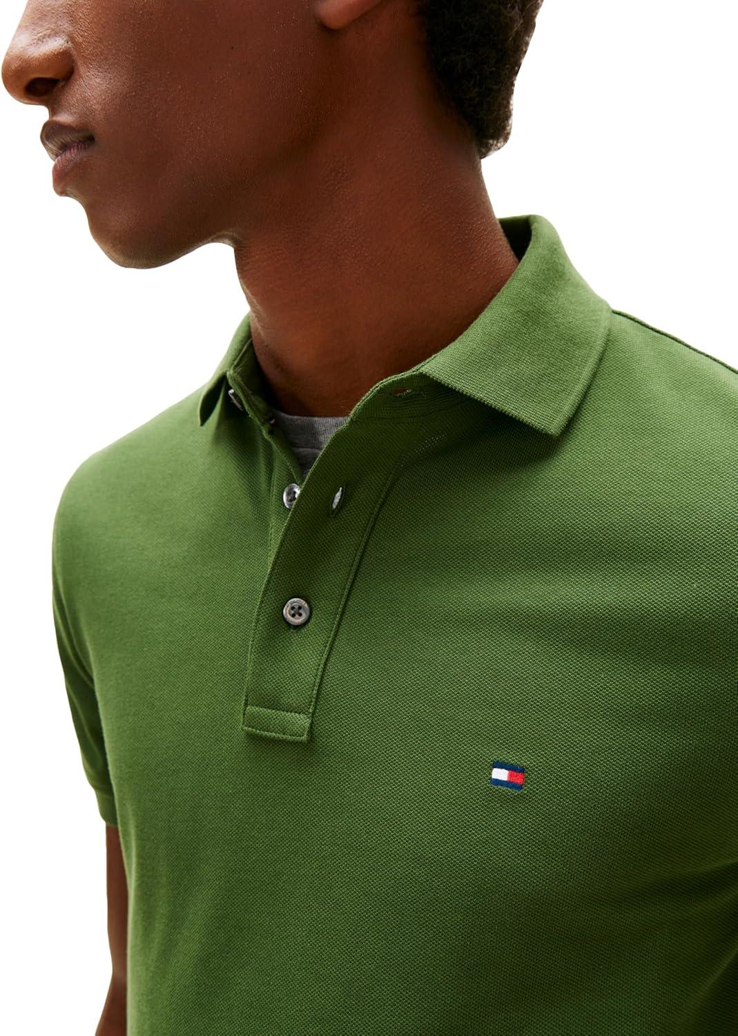imageTommy Hilfiger Mens Short Sleeve Polo Shirts in Slim Fit with Stretch and Organic Pique CottonMountain Pine