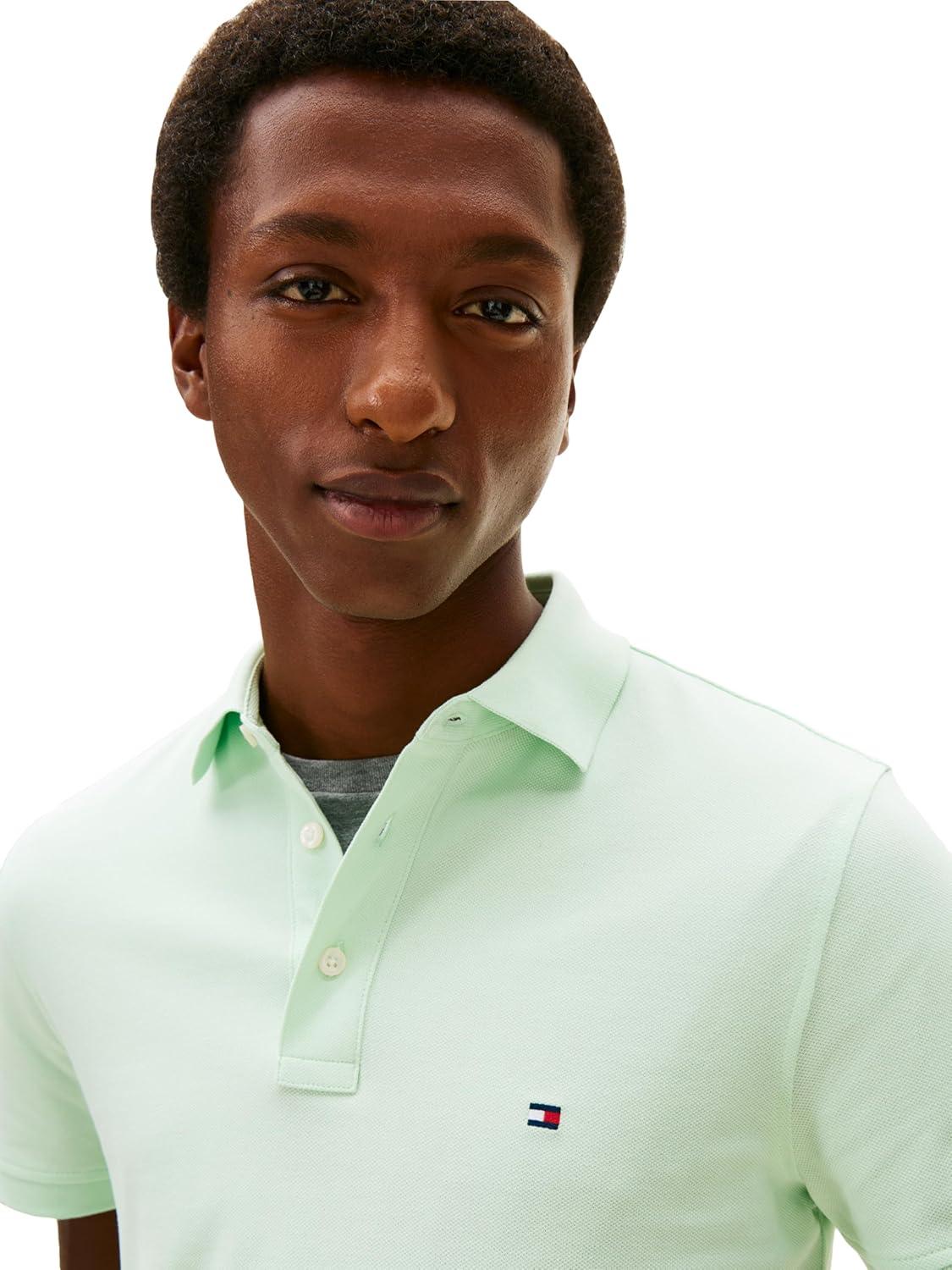 imageTommy Hilfiger Mens Short Sleeve Polo Shirts in Slim Fit with Stretch and Organic Pique CottonOpal Green