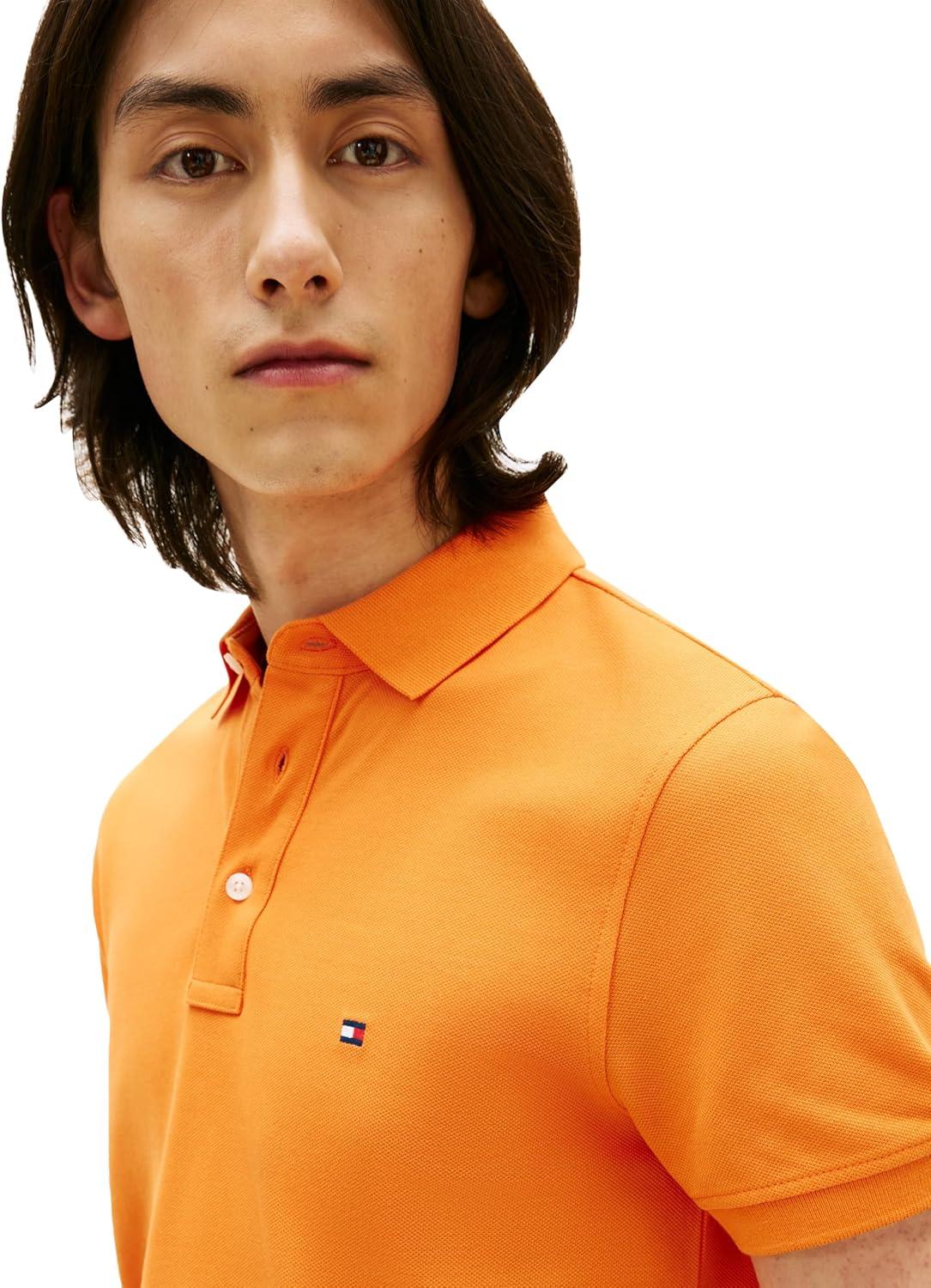 imageTommy Hilfiger Mens Short Sleeve Polo Shirts in Slim Fit with Stretch and Organic Pique CottonOrange Tulip