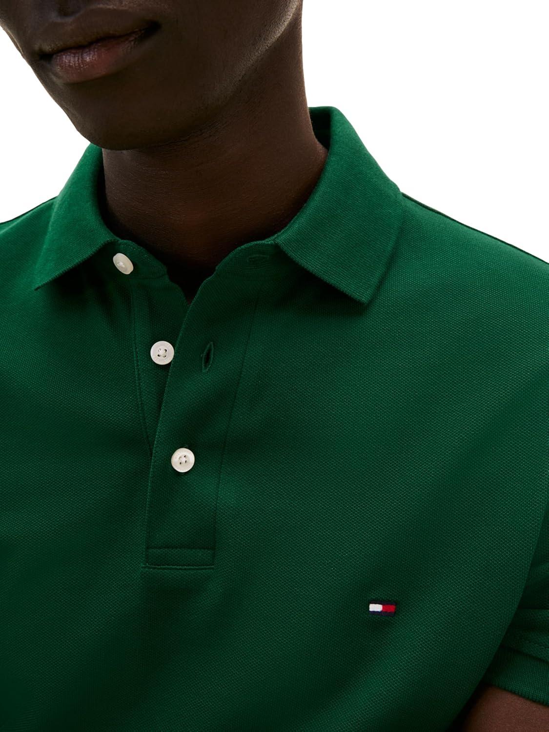 imageTommy Hilfiger Mens Short Sleeve Polo Shirts in Slim Fit with Stretch and Organic Pique CottonOrnamental Green