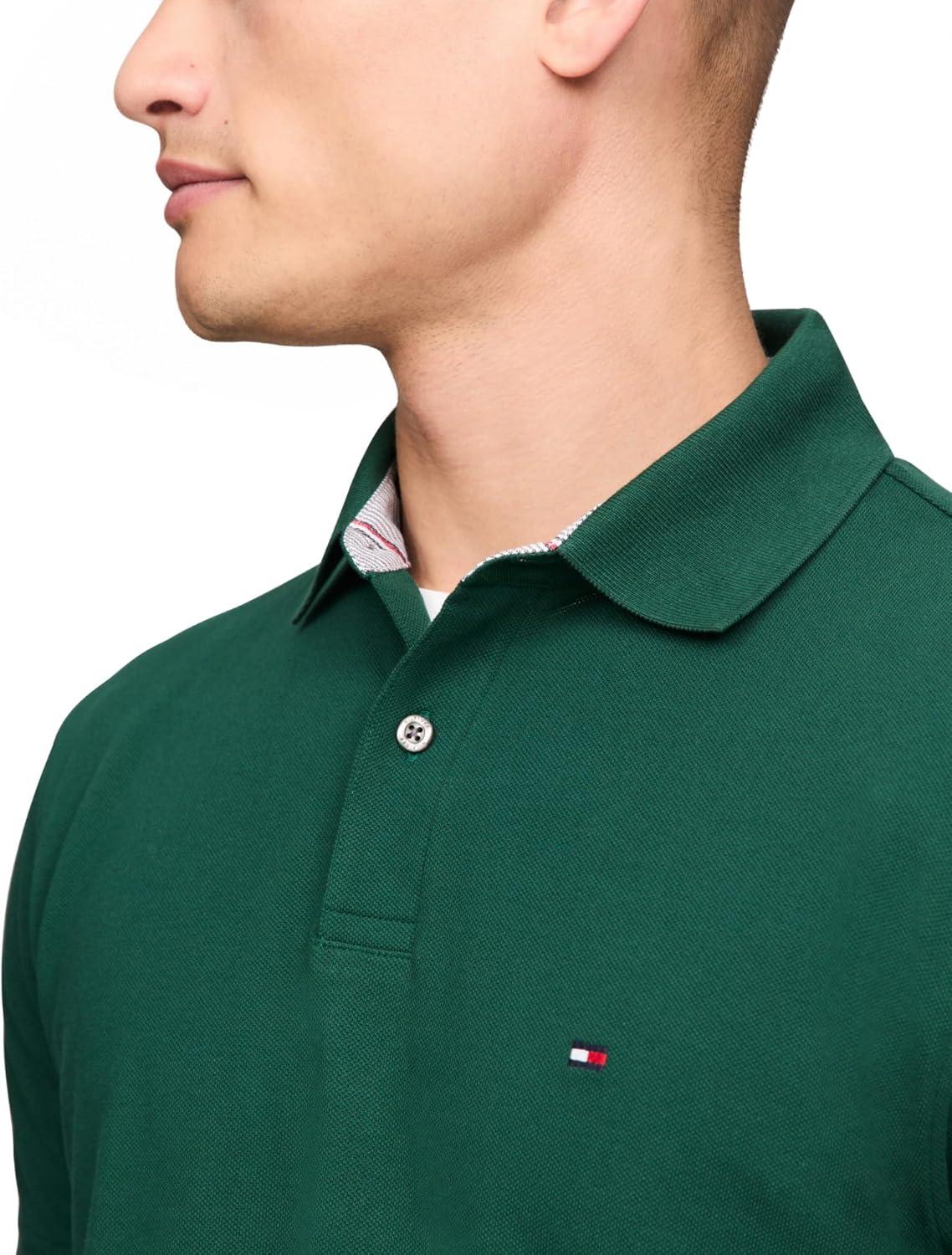 imageTommy Hilfiger Mens Short Sleeve Polo Shirts in Slim Fit with Stretch and Organic Pique CottonOrnamental Green