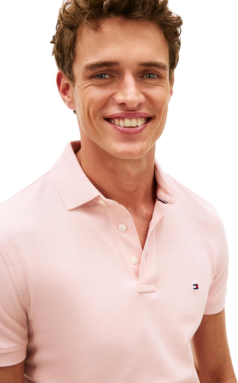 imageTommy Hilfiger Mens Short Sleeve Polo Shirts in Slim Fit with Stretch and Organic Pique CottonPale Pink Heather