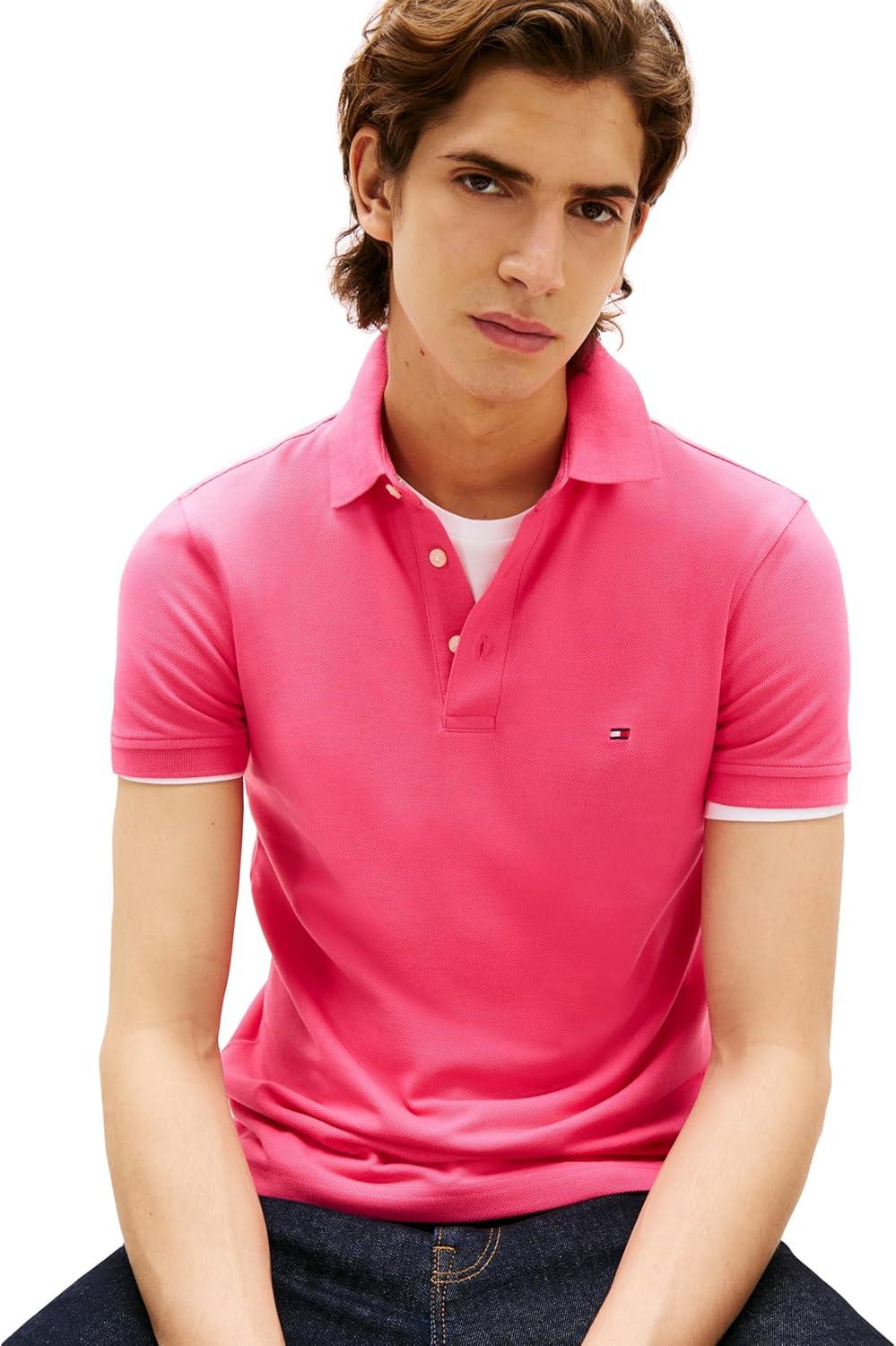 imageTommy Hilfiger Mens Short Sleeve Polo Shirts in Slim Fit with Stretch and Organic Pique CottonPink Alert