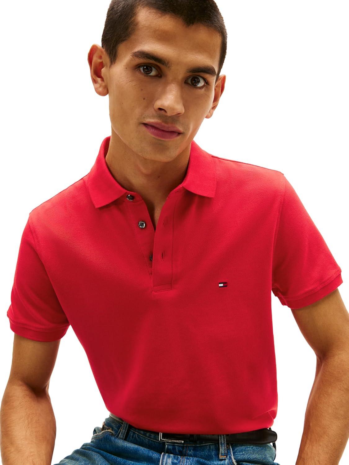 imageTommy Hilfiger Mens Short Sleeve Polo Shirts in Slim Fit with Stretch and Organic Pique CottonPrimary Red