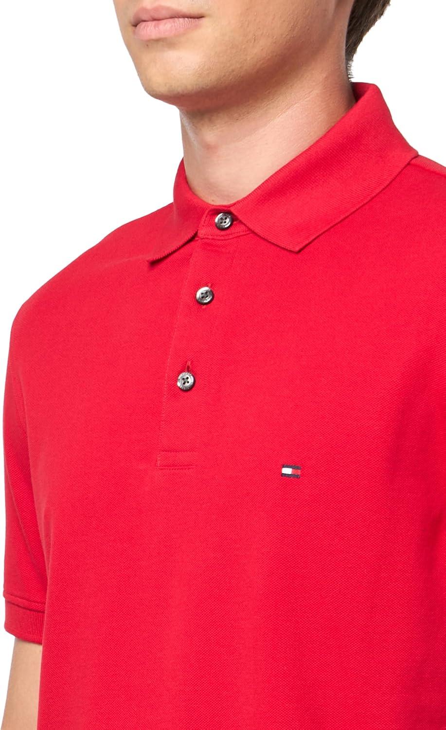 imageTommy Hilfiger Mens Short Sleeve Polo Shirts in Slim Fit with Stretch and Organic Pique CottonPrimary Red
