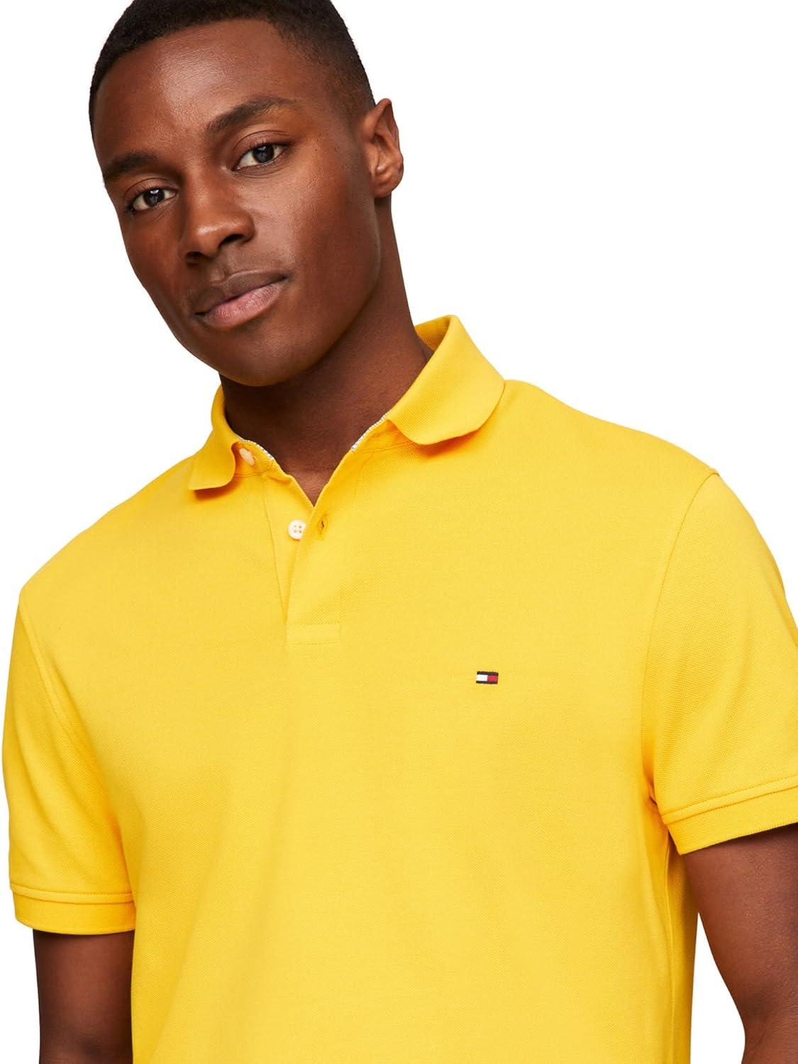 imageTommy Hilfiger Mens Short Sleeve Polo Shirts in Slim Fit with Stretch and Organic Pique CottonPrimary Yellow