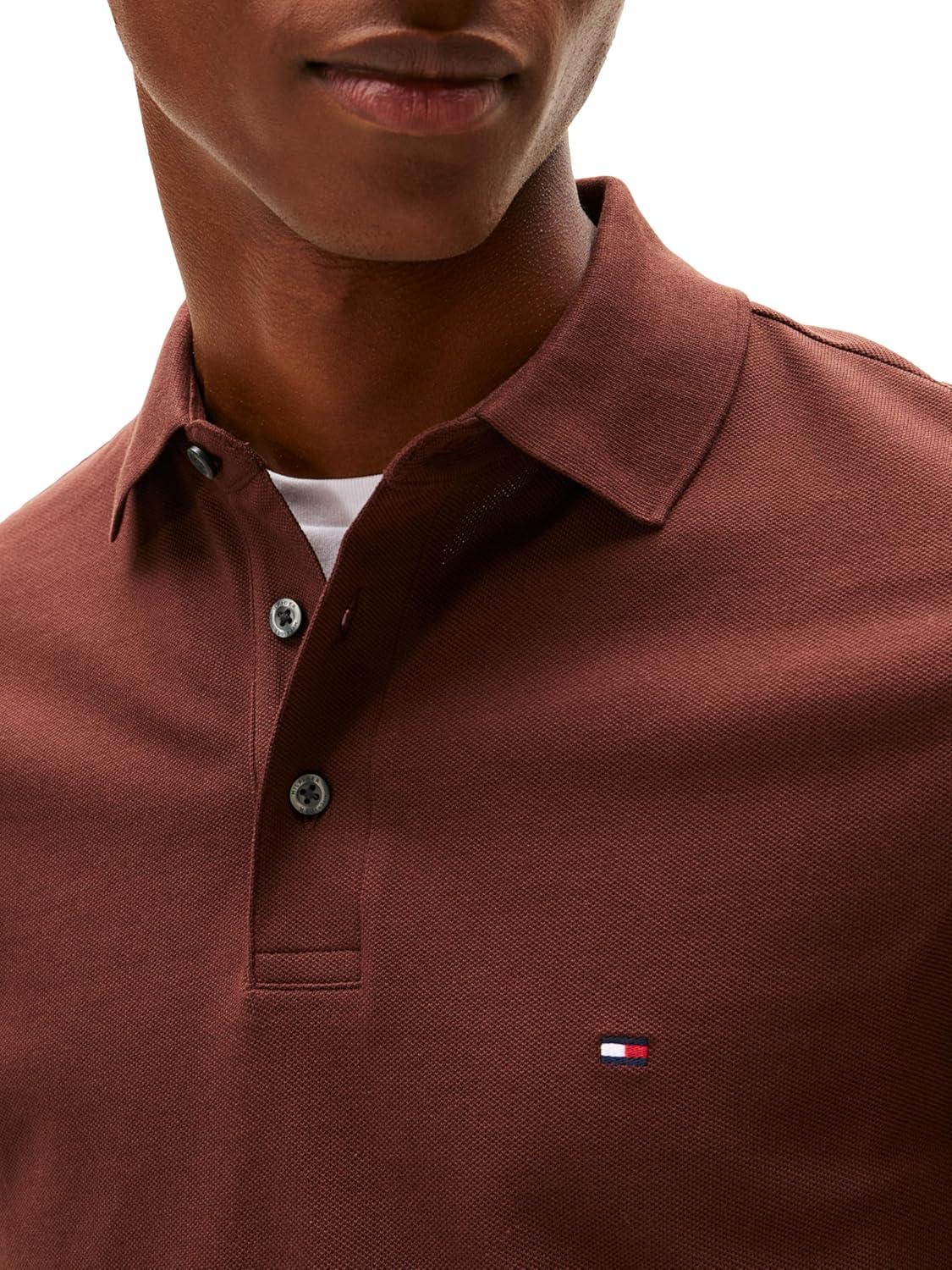 imageTommy Hilfiger Mens Short Sleeve Polo Shirts in Slim Fit with Stretch and Organic Pique CottonPure Brown