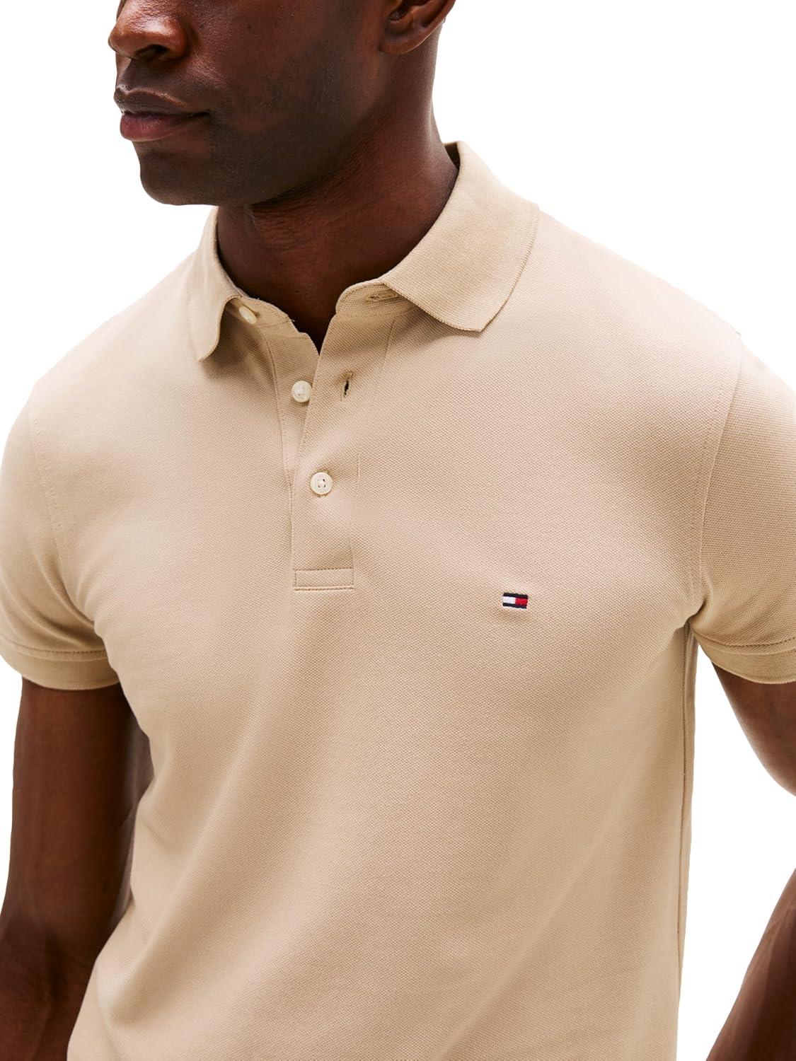 imageTommy Hilfiger Mens Short Sleeve Polo Shirts in Slim Fit with Stretch and Organic Pique CottonSandalwood