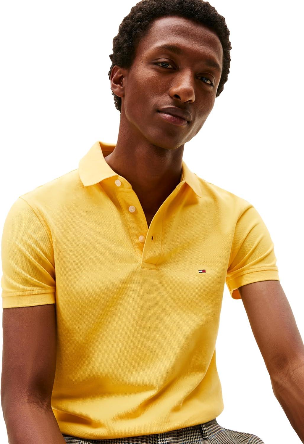 imageTommy Hilfiger Mens Short Sleeve Polo Shirts in Slim Fit with Stretch and Organic Pique CottonSoft Canary