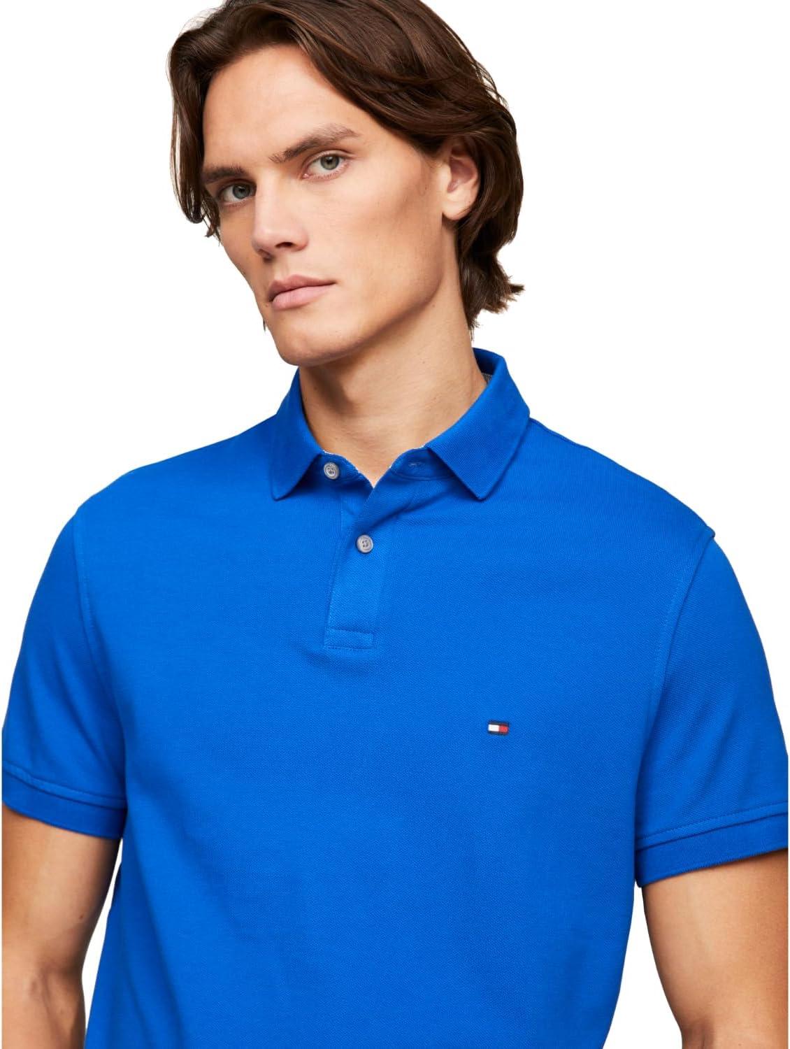 imageTommy Hilfiger Mens Short Sleeve Polo Shirts in Slim Fit with Stretch and Organic Pique CottonUltra Blue