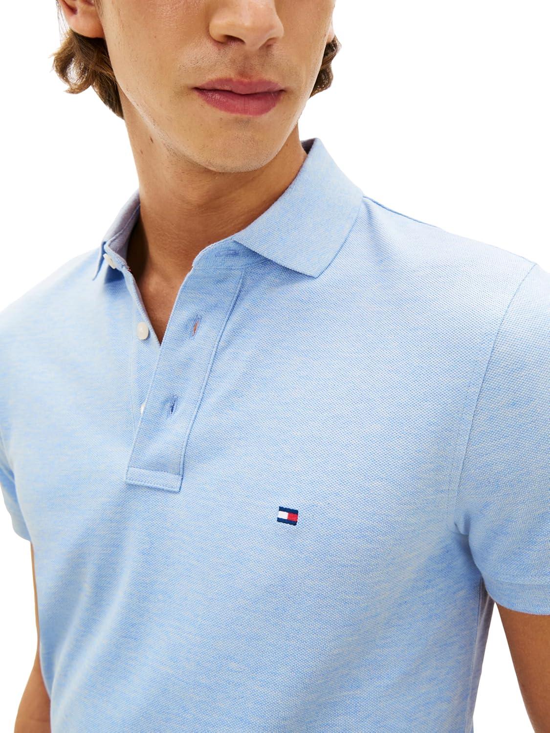 imageTommy Hilfiger Mens Short Sleeve Polo Shirts in Slim Fit with Stretch and Organic Pique CottonVessel Blue Heather