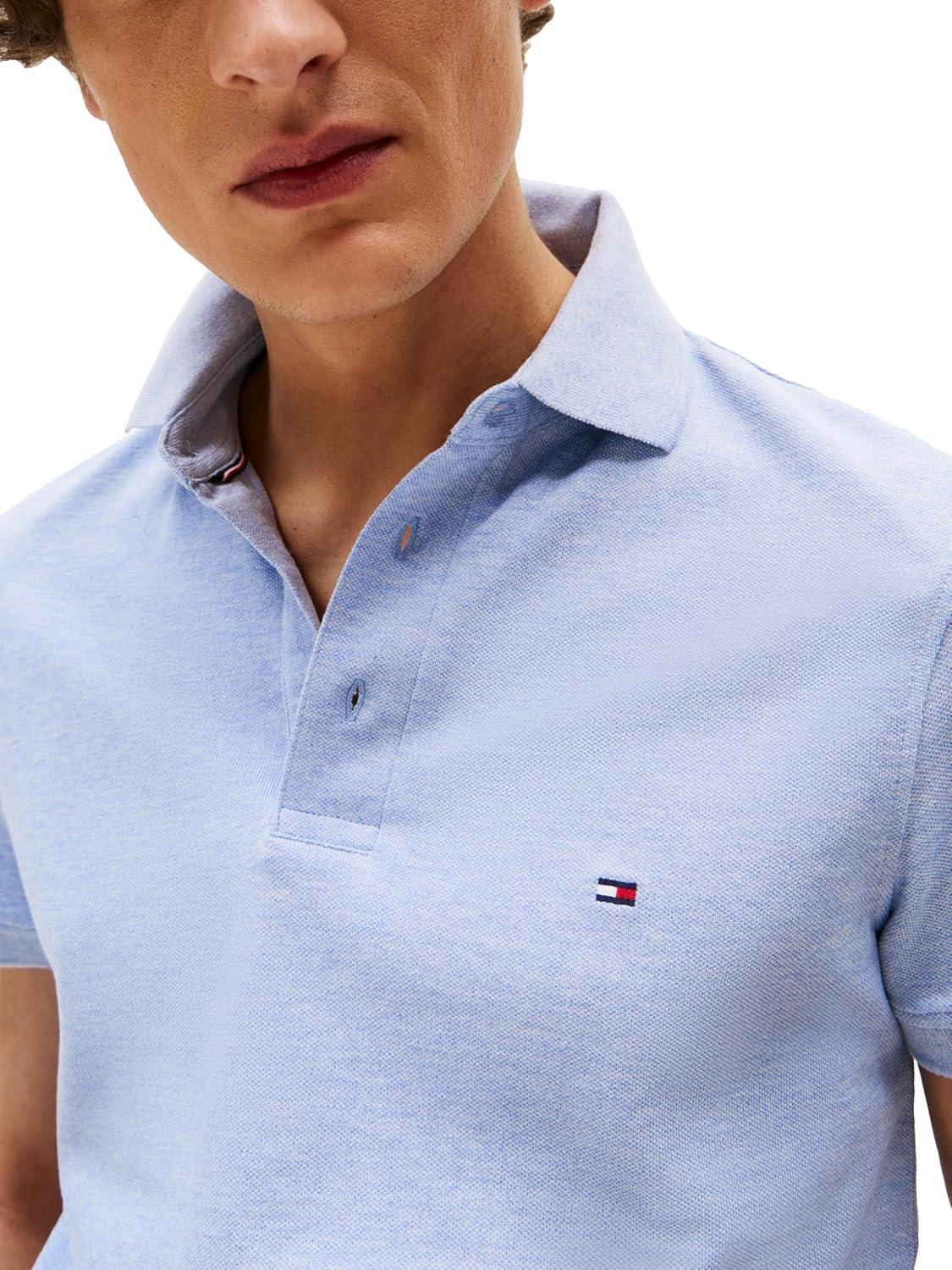 imageTommy Hilfiger Mens Short Sleeve Polo Shirts in Slim Fit with Stretch and Organic Pique CottonVessel Blue Heather