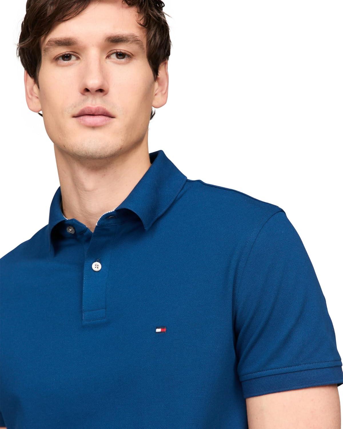 imageTommy Hilfiger Mens Short Sleeve Polo Shirts in Slim Fit with Stretch and Organic Pique CottonVibrant Indigo