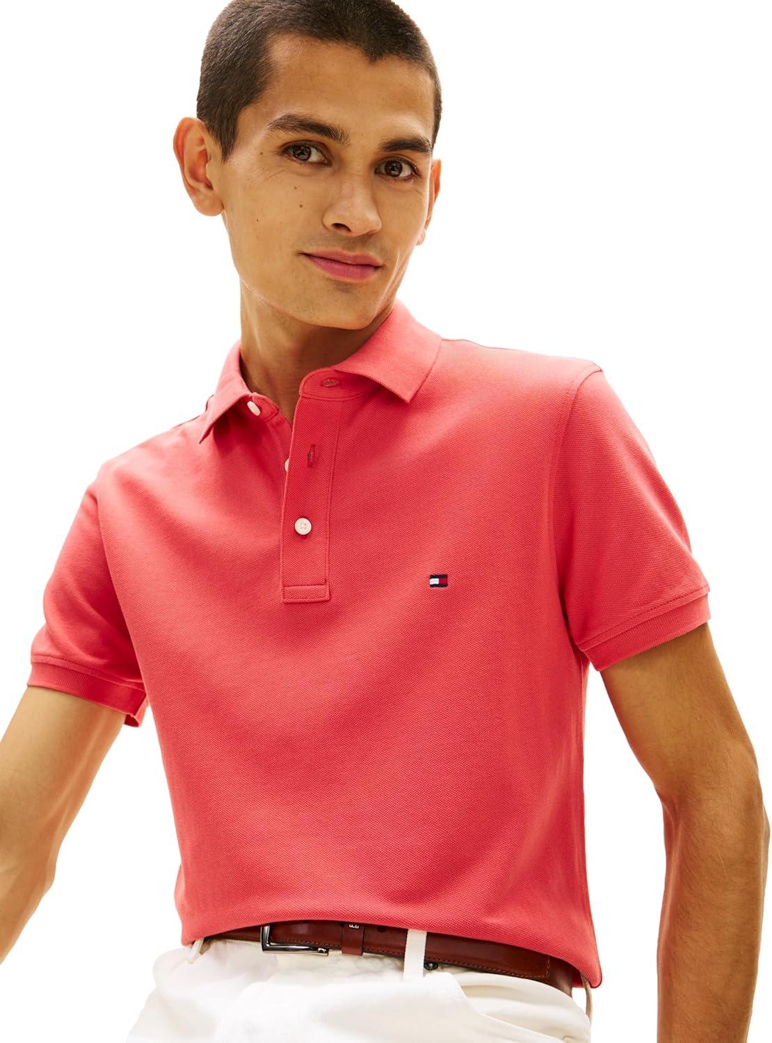 imageTommy Hilfiger Mens Short Sleeve Polo Shirts in Slim Fit with Stretch and Organic Pique CottonVintage Red