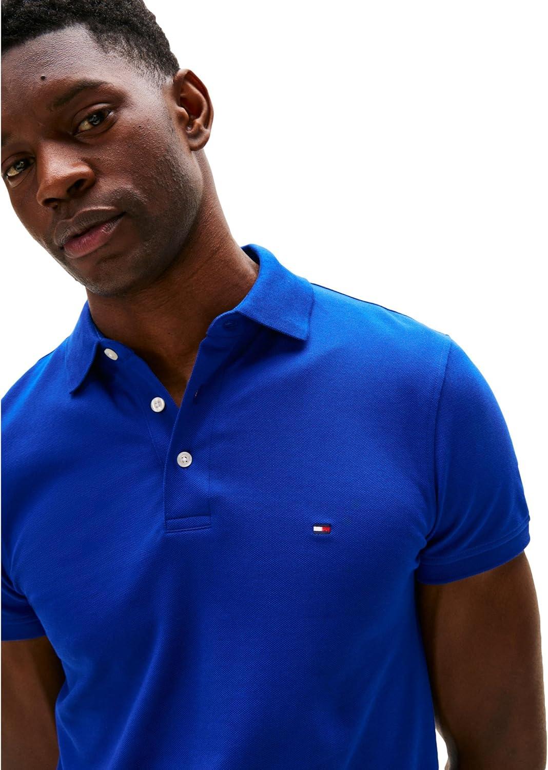 imageTommy Hilfiger Mens Short Sleeve Polo Shirts in Slim Fit with Stretch and Organic Pique CottonWedge Blue