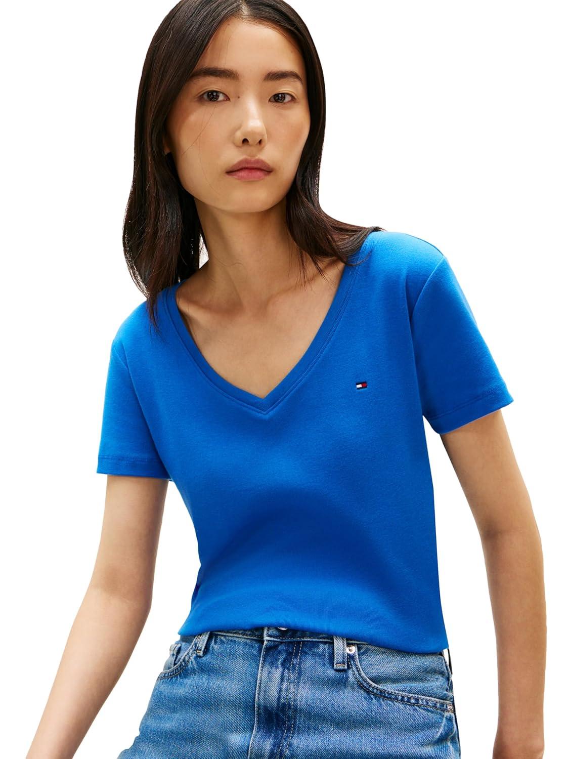 imageTommy Hilfiger Womens Basic Short Sleeve Cotton VNeck TShirtBlue Orbit