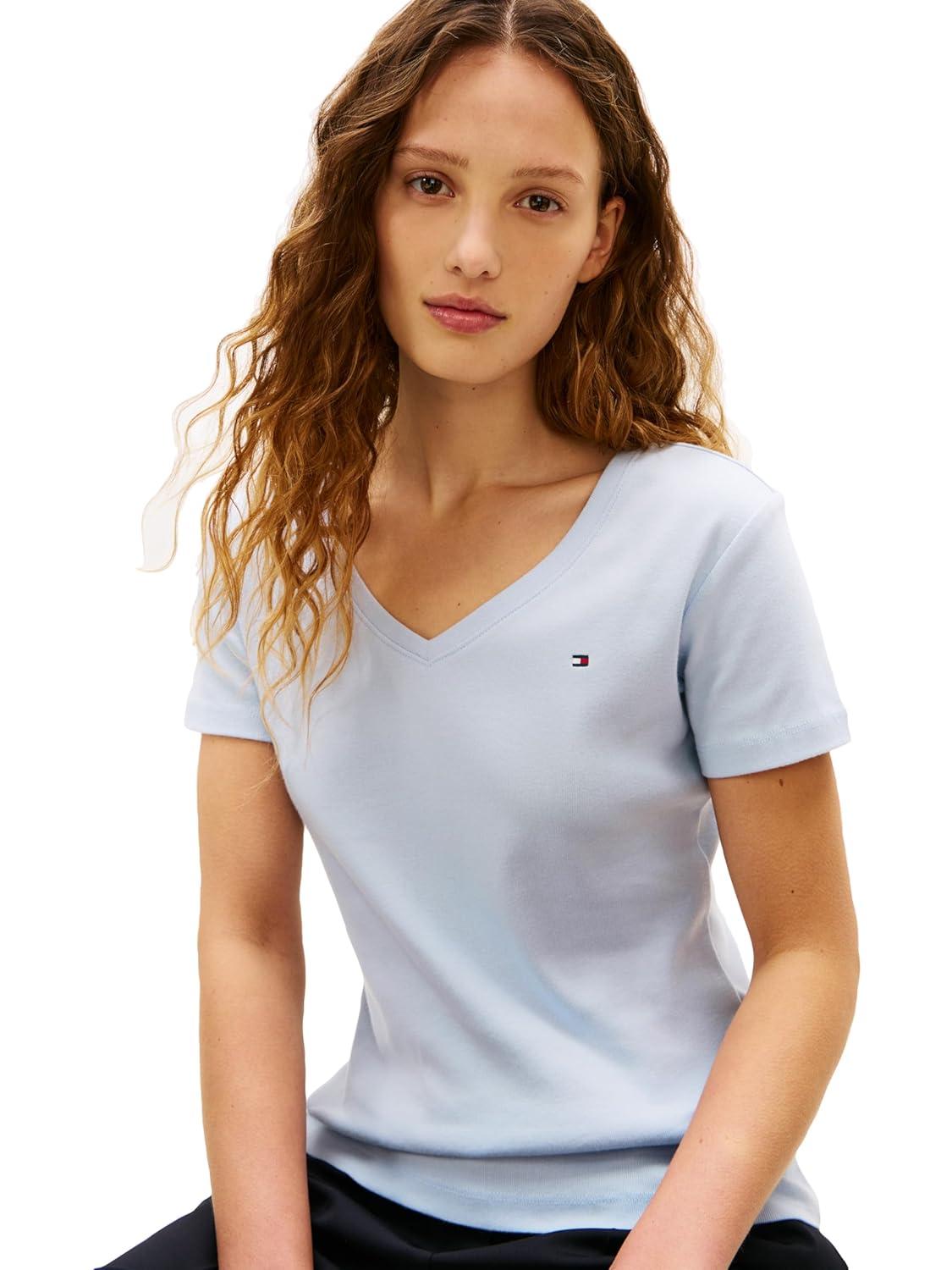 imageTommy Hilfiger Womens Basic Short Sleeve Cotton VNeck TShirtBreezy Blue
