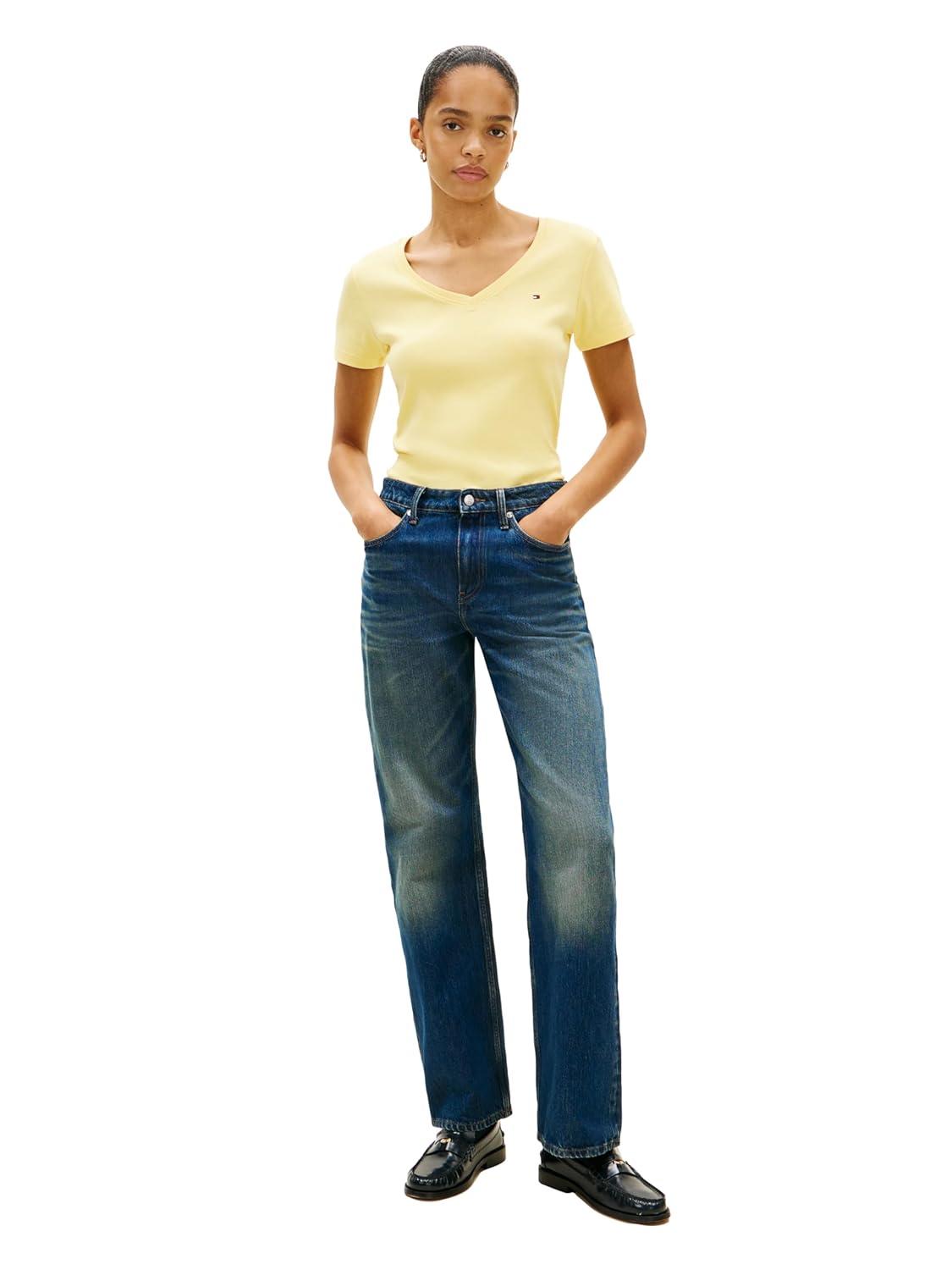 imageTommy Hilfiger Womens Basic Short Sleeve Cotton VNeck TShirtCitronella