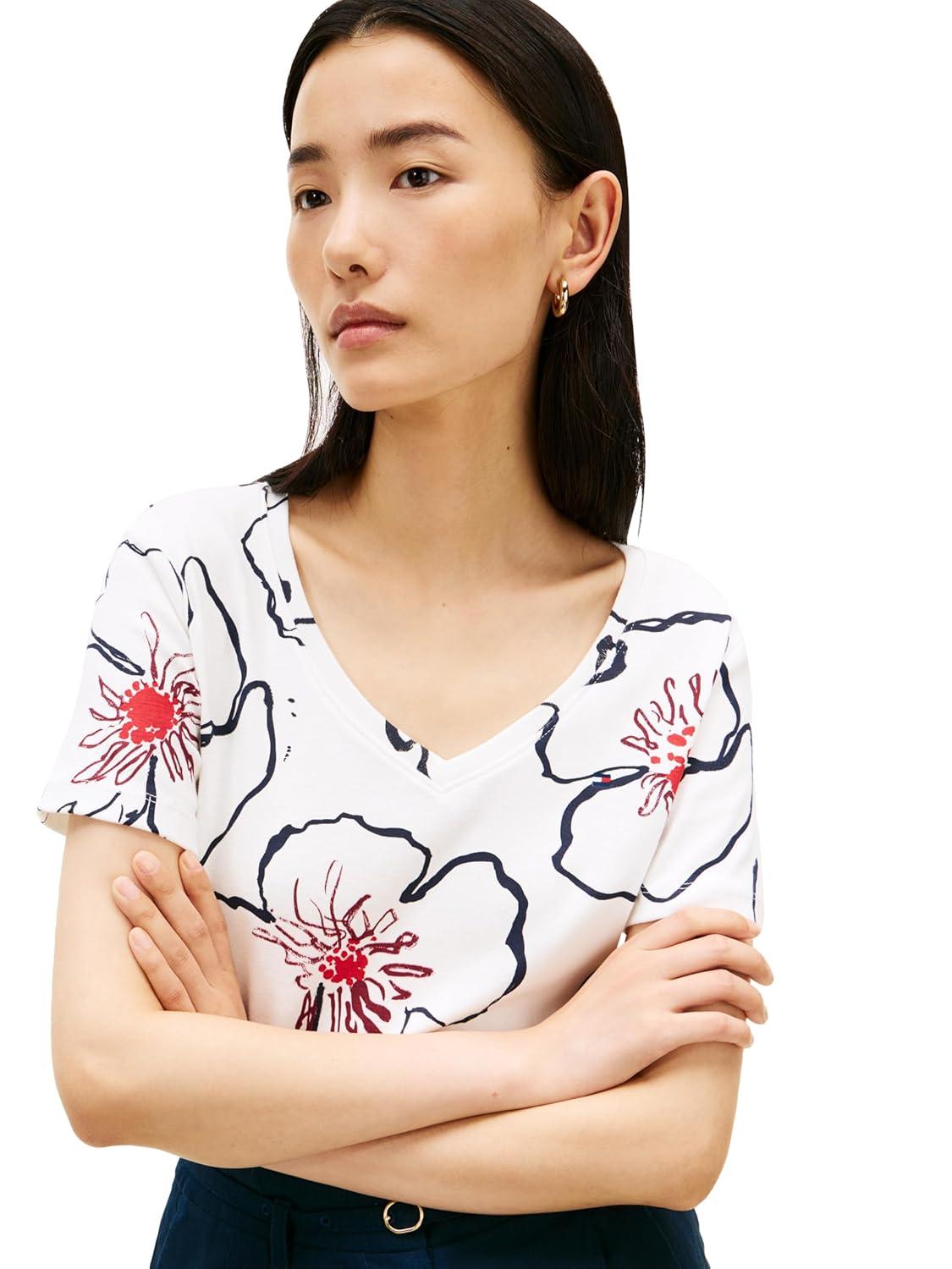 imageTommy Hilfiger Womens Basic Short Sleeve Cotton VNeck TShirtLinear Poppy Watercolor