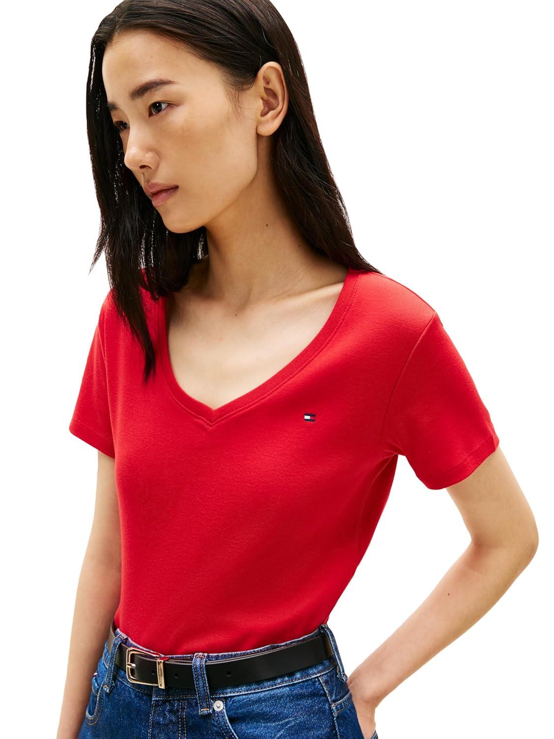 imageTommy Hilfiger Womens Basic Short Sleeve Cotton VNeck TShirtPrimary Red