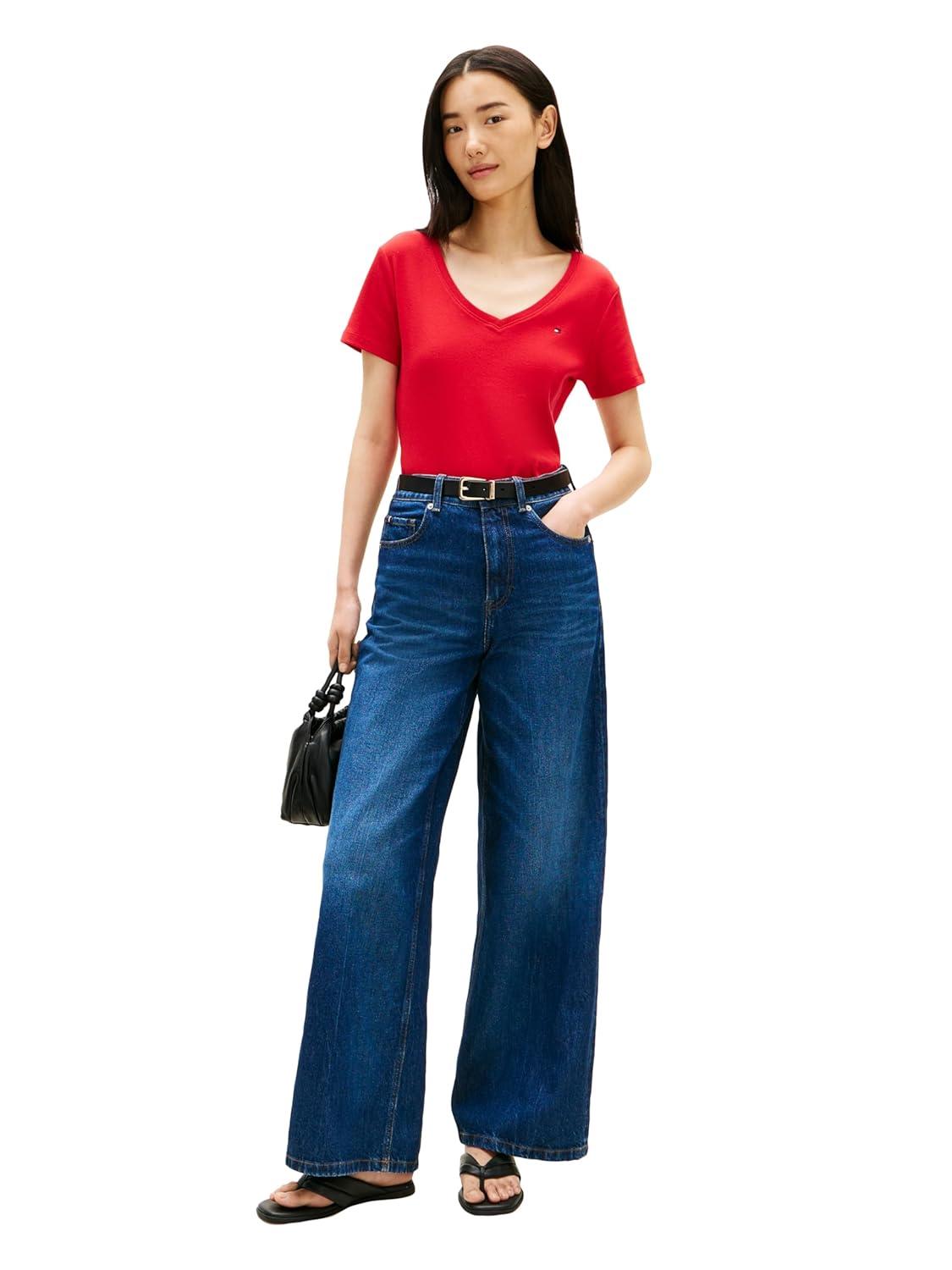 imageTommy Hilfiger Womens Basic Short Sleeve Cotton VNeck TShirtPrimary Red