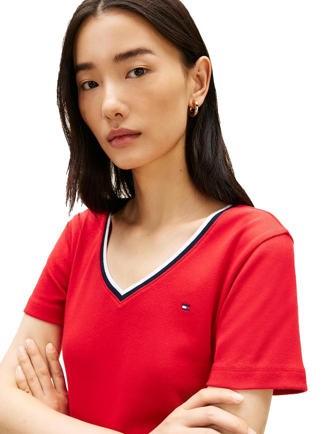 imageTommy Hilfiger Womens Basic Short Sleeve Cotton VNeck TShirtPrimary RedRwb