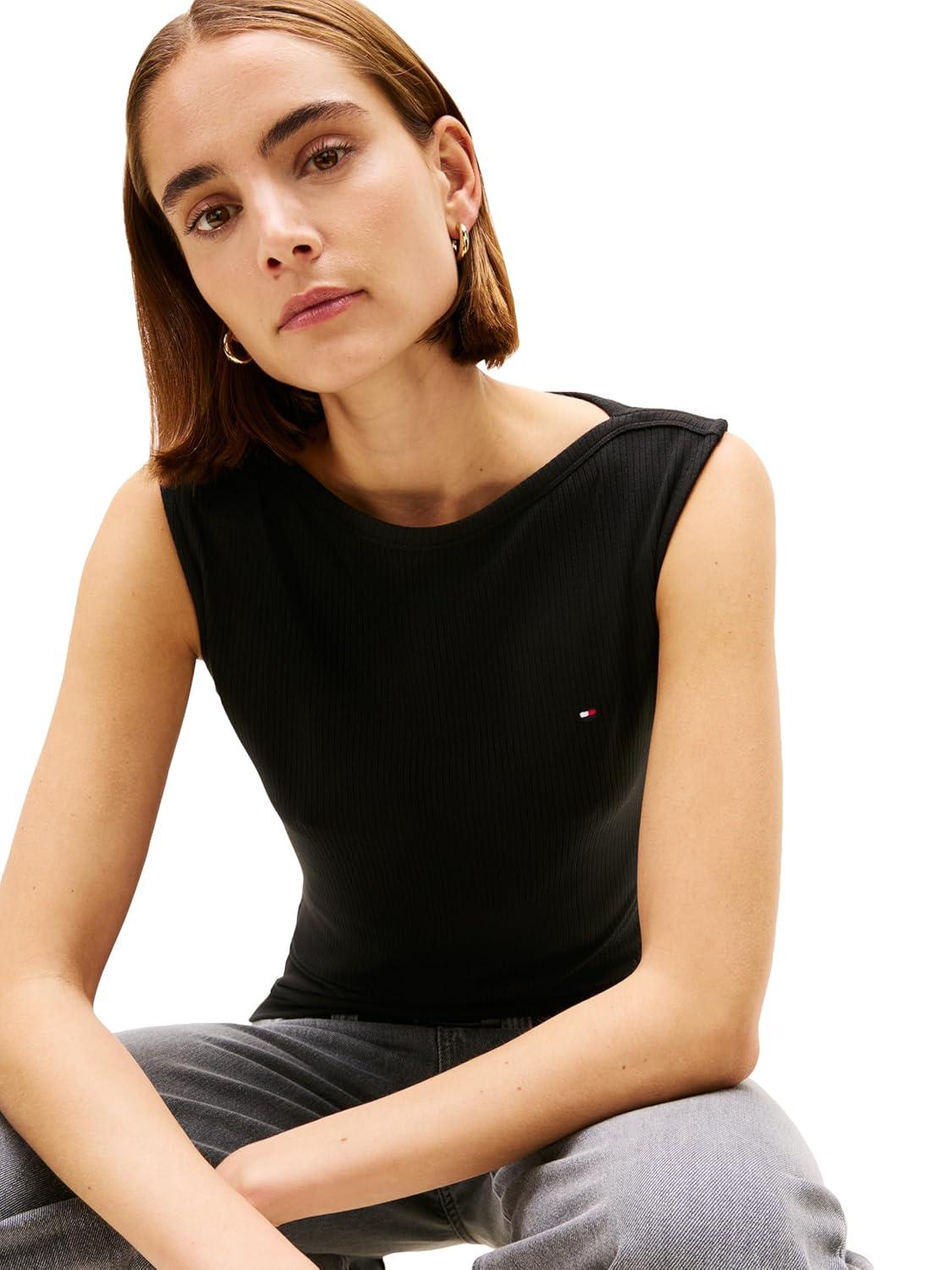 imageTommy Hilfiger Womens Basic Sleeveless Boat Neck Rib Tank TopBlack