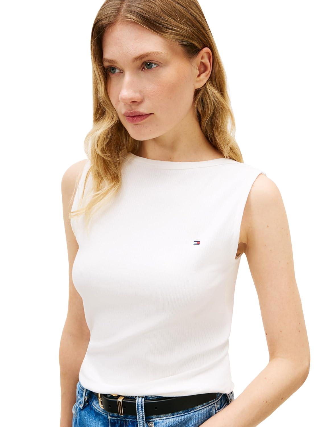 imageTommy Hilfiger Womens Basic Sleeveless Boat Neck Rib Tank TopEcru