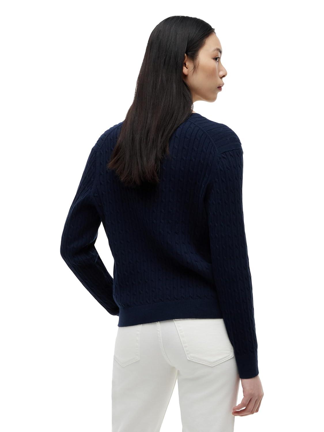 imageTommy Hilfiger Womens Cable Knit Crew Neck Cardigan Sweater Long Sleeve Button Down SweaterDark Night Navy