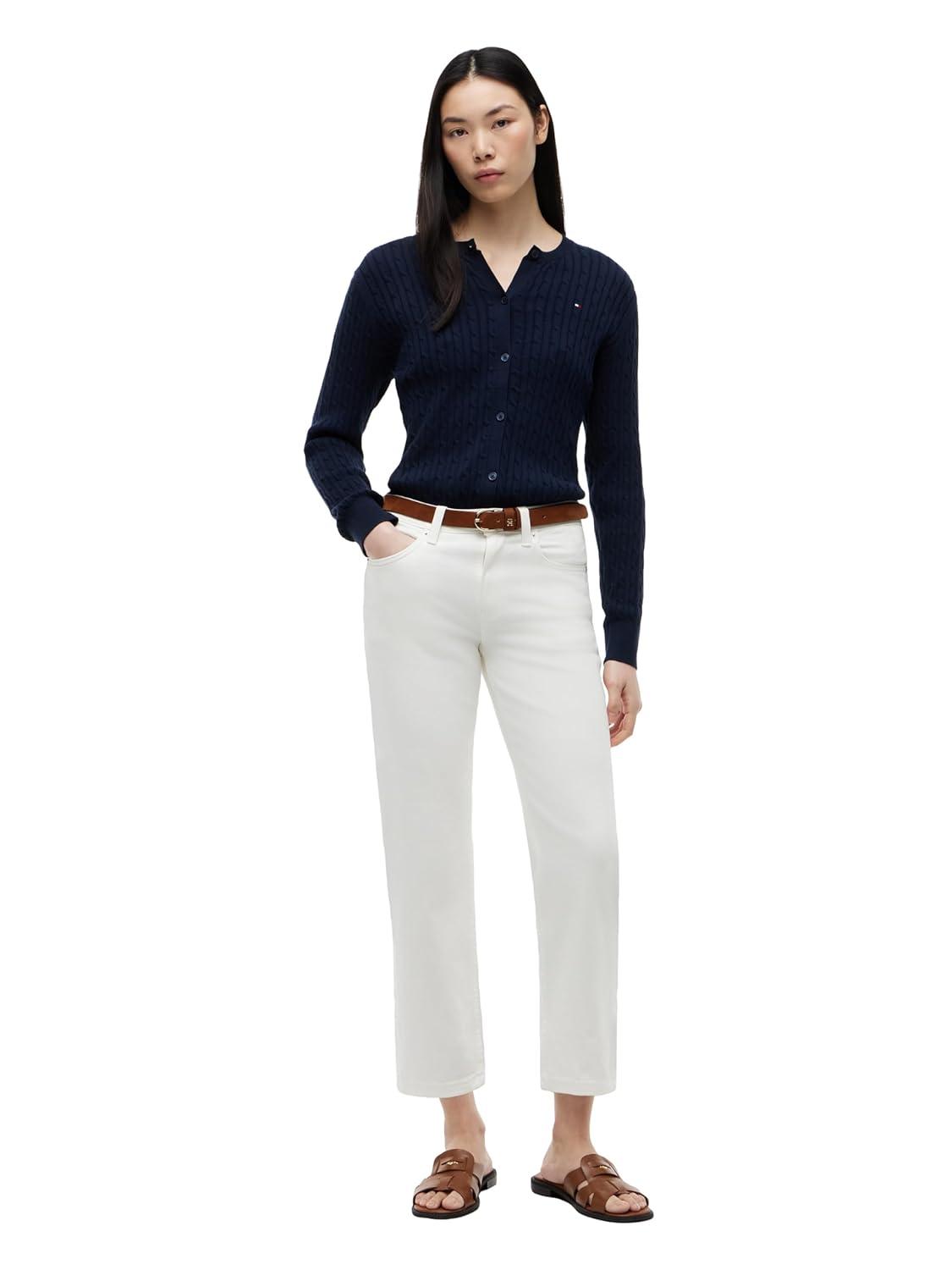 imageTommy Hilfiger Womens Cable Knit Crew Neck Cardigan Sweater Long Sleeve Button Down SweaterDark Night Navy
