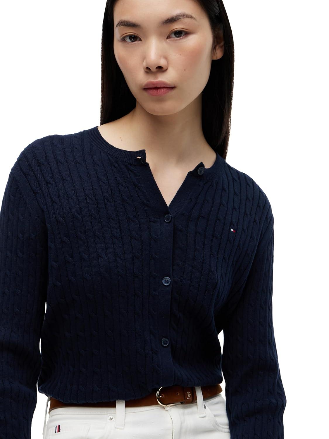 imageTommy Hilfiger Womens Cable Knit Crew Neck Cardigan Sweater Long Sleeve Button Down SweaterDark Night Navy