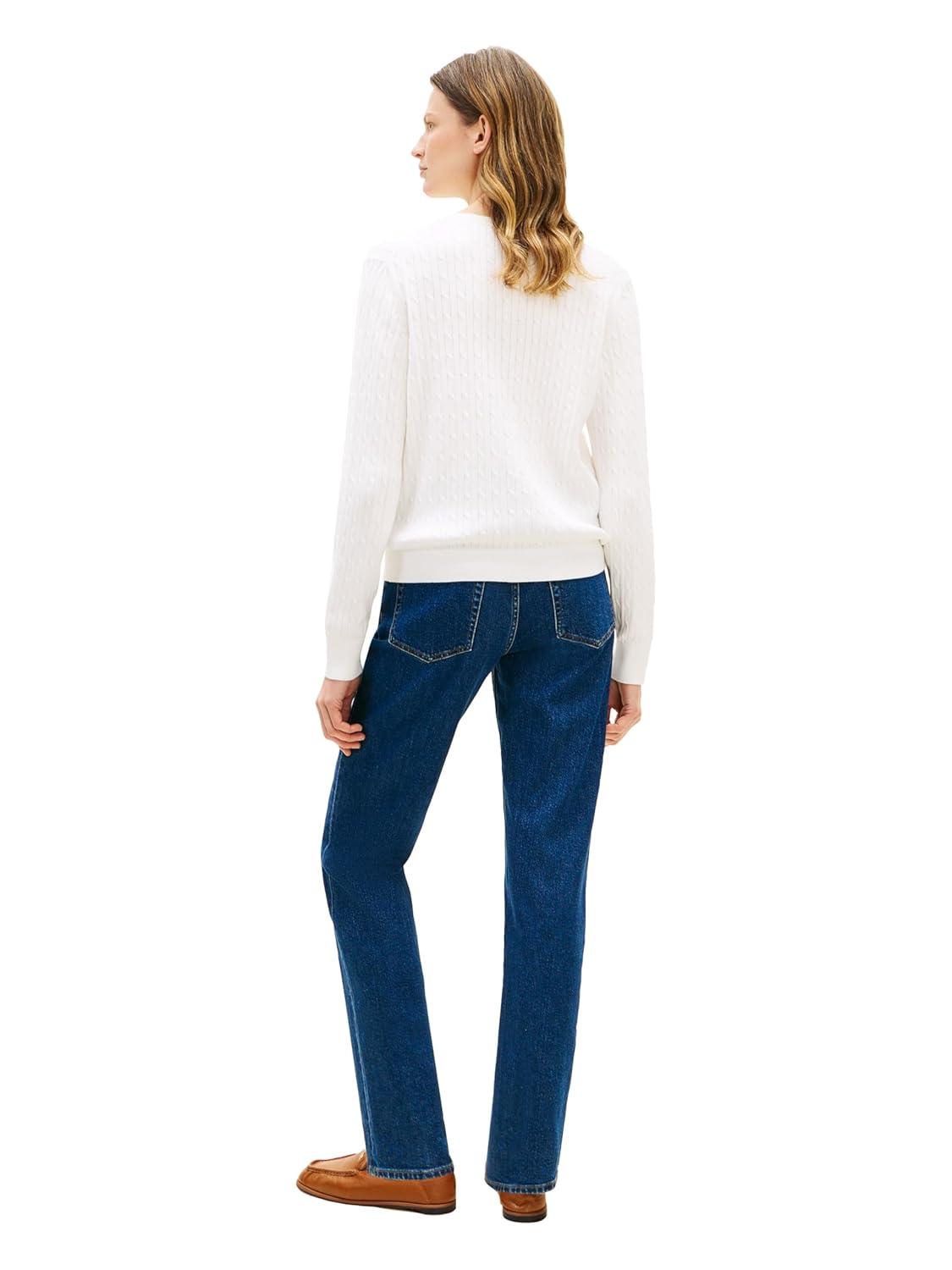 imageTommy Hilfiger Womens Cable Knit Crew Neck Cardigan Sweater Long Sleeve Button Down SweaterEcru