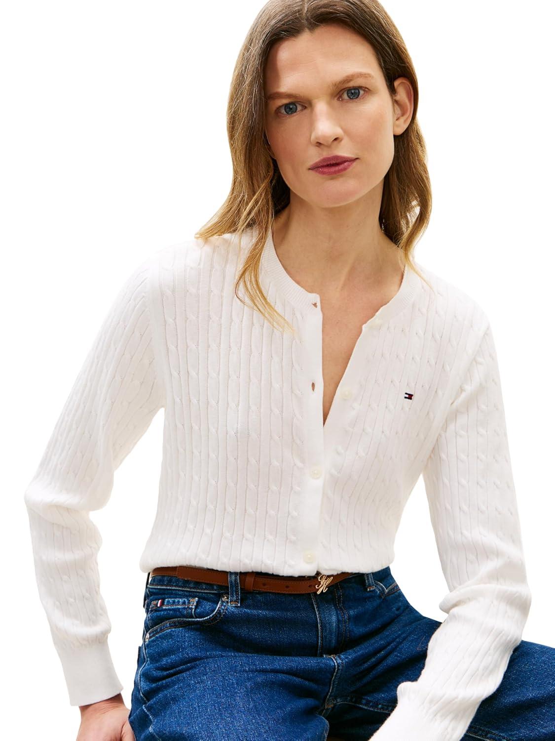 imageTommy Hilfiger Womens Cable Knit Crew Neck Cardigan Sweater Long Sleeve Button Down SweaterEcru