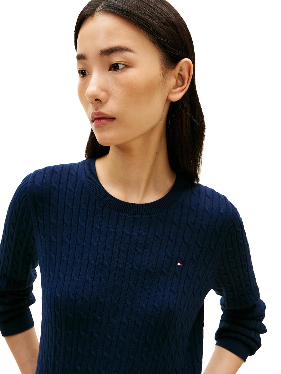 imageTommy Hilfiger Womens Cable Knit Crew Neck Sweater Lightweight PulloverDark Night Navy