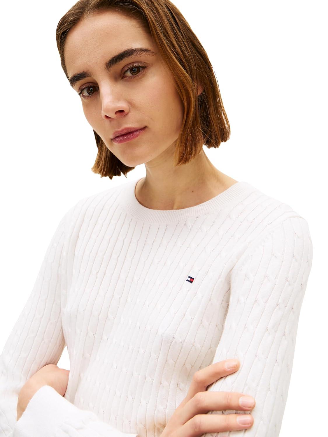 imageTommy Hilfiger Womens Cable Knit Crew Neck Sweater Lightweight PulloverEcru