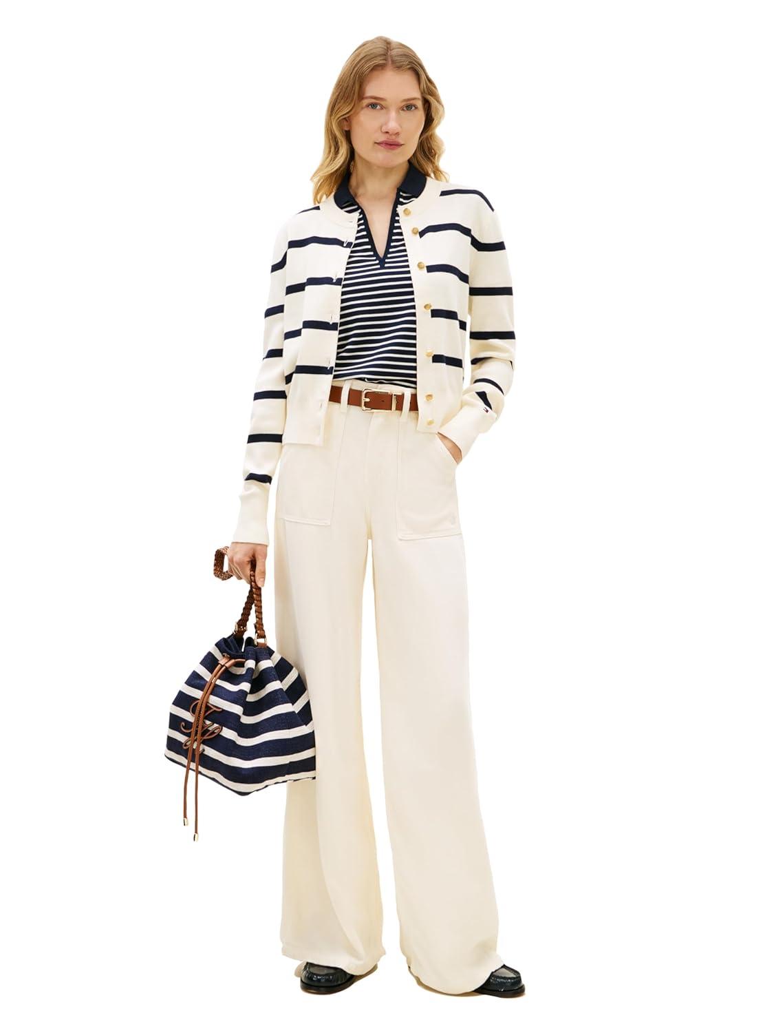 imageTommy Hilfiger Womens Cotton Crew Neck Cardigan Sweater Lightweight Button Down Knit Cardigan with DesignBig Stripe CalicoDark Night Navy